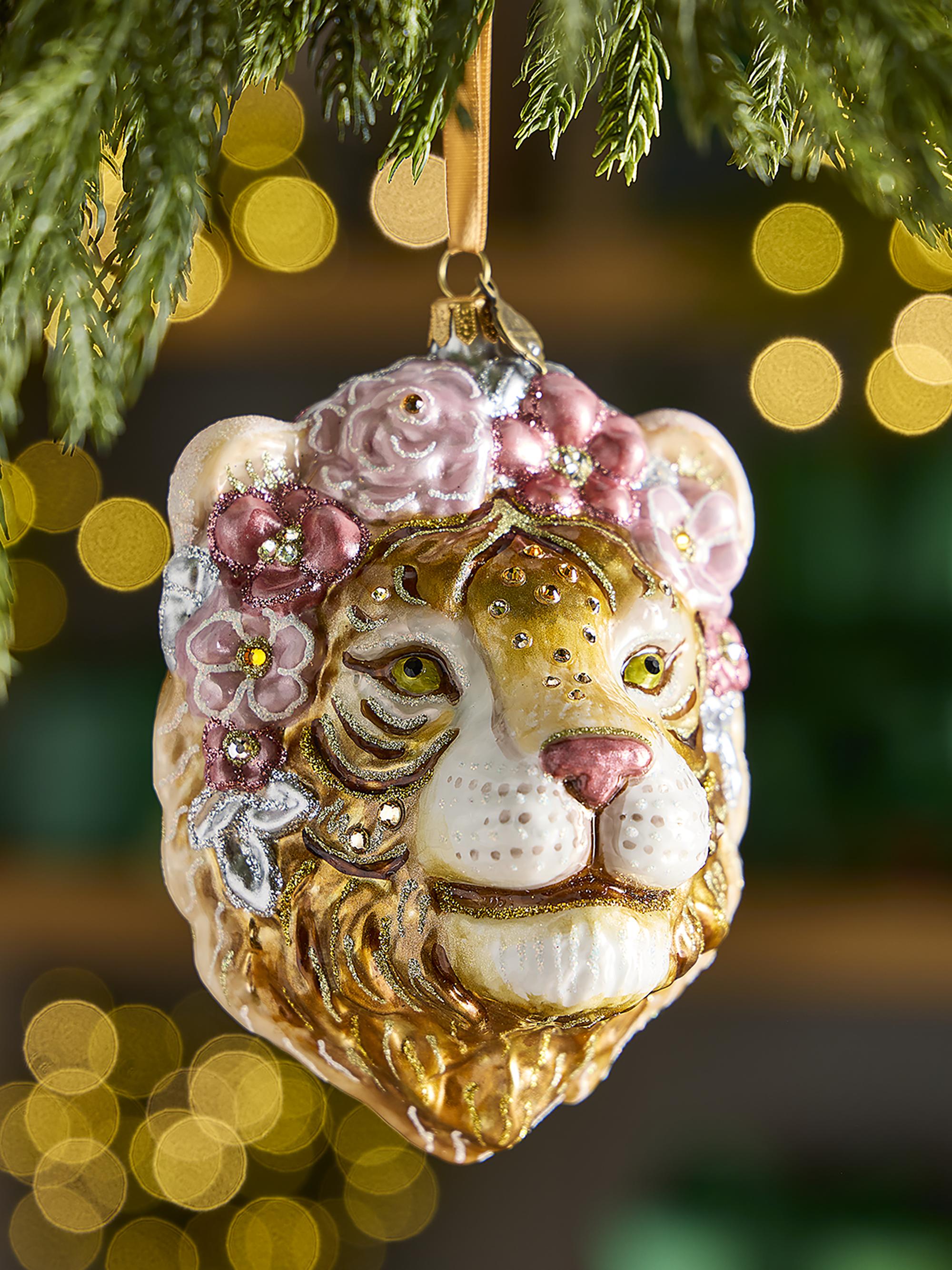 Jay Strongwater Metallic Tiger With Flower Crown Ornament