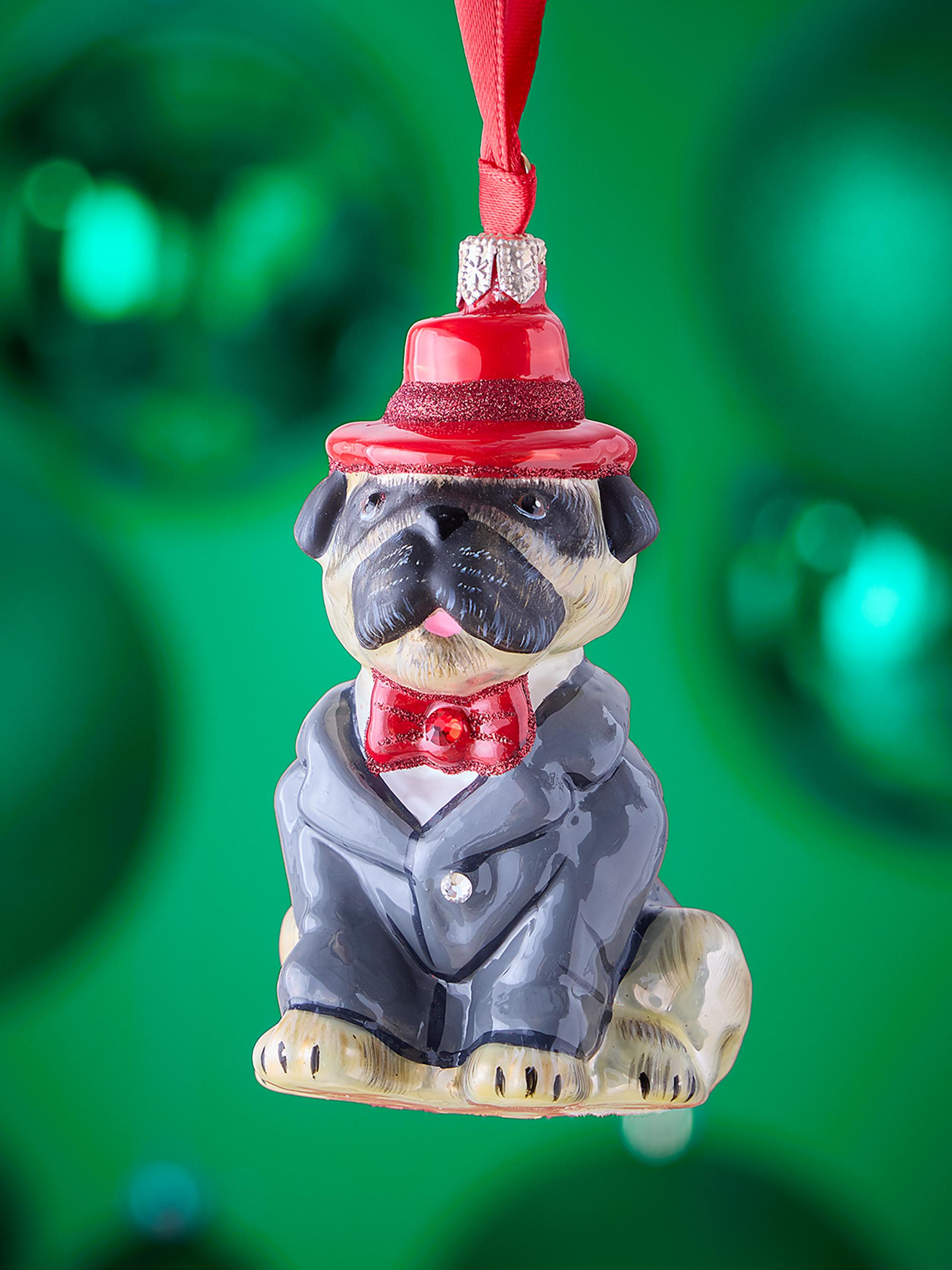 Joy To The World Pug Fawn in Red Fedora and Gray Suit Christmas Ornament