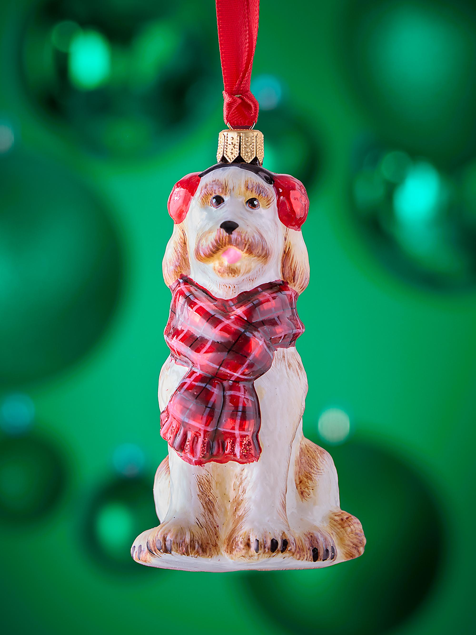 Joy To The World Labradoodle in Ear Muffs and Bushy Scarf Christmas Ornament