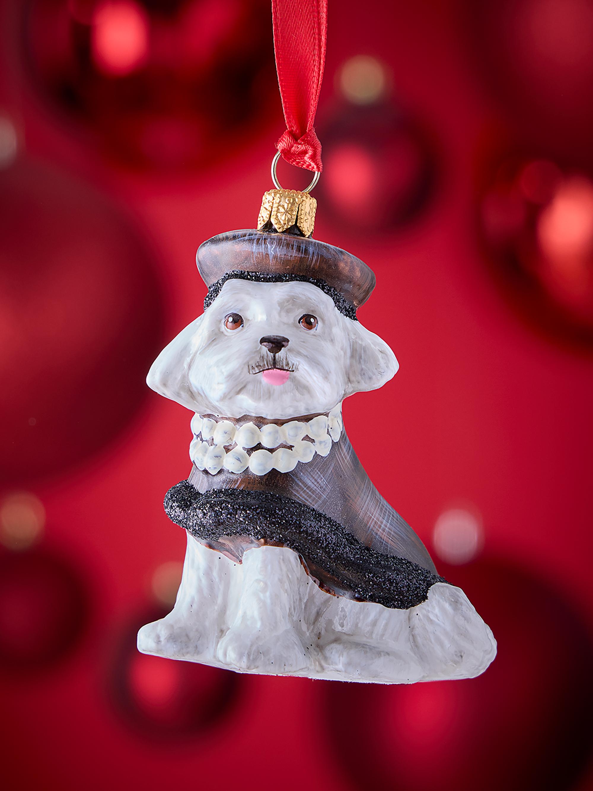 Joy To The World Maltese in Leopard Sweater with Pearl Necklace Christmas Ornament