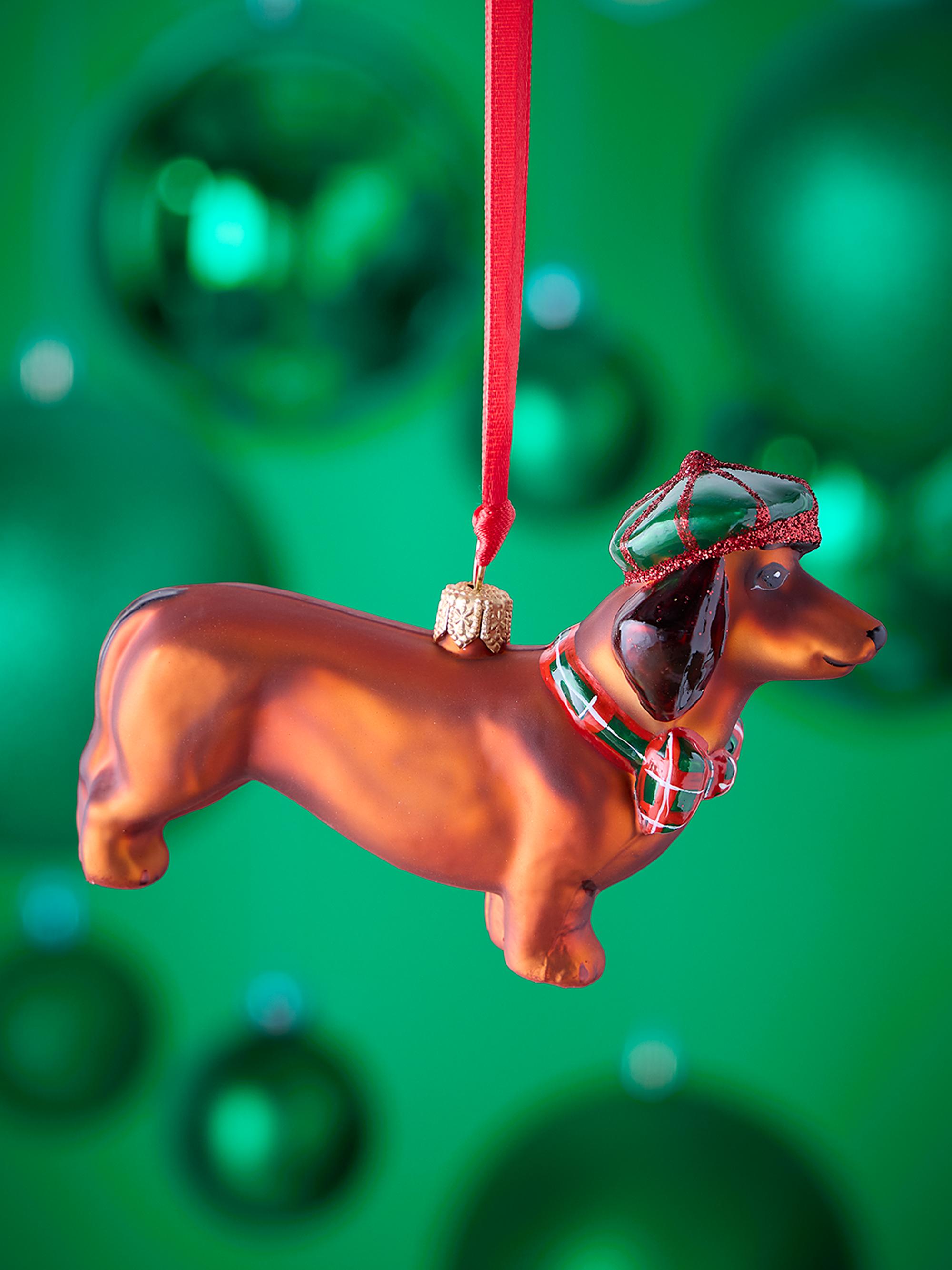 Joy To The World Red Dachshund in Newsboy Hat and Bow Tie Christmas Ornament
