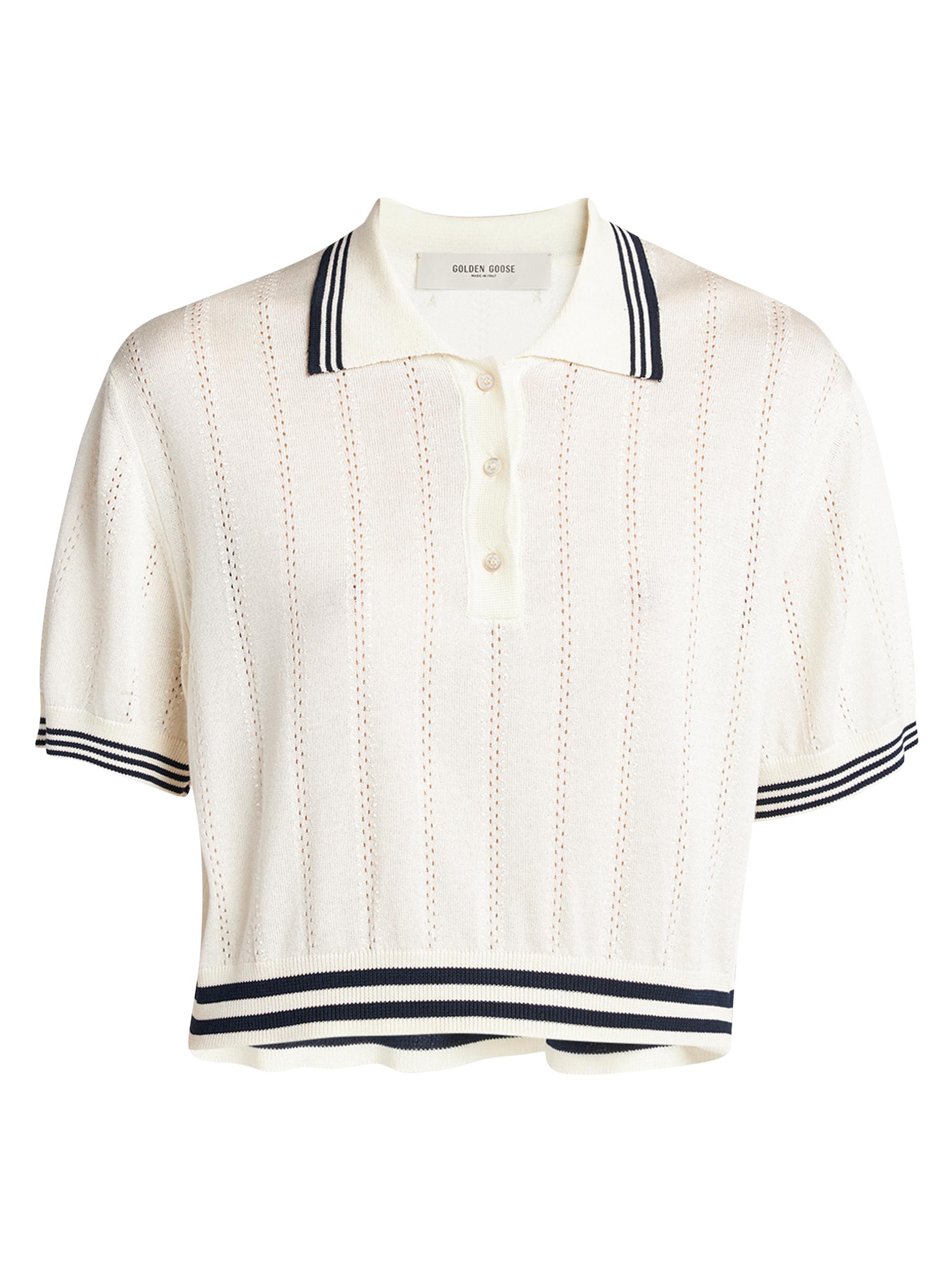 Golden Goose Women's Golden Cropped Open-Work Polo Top - White Blue