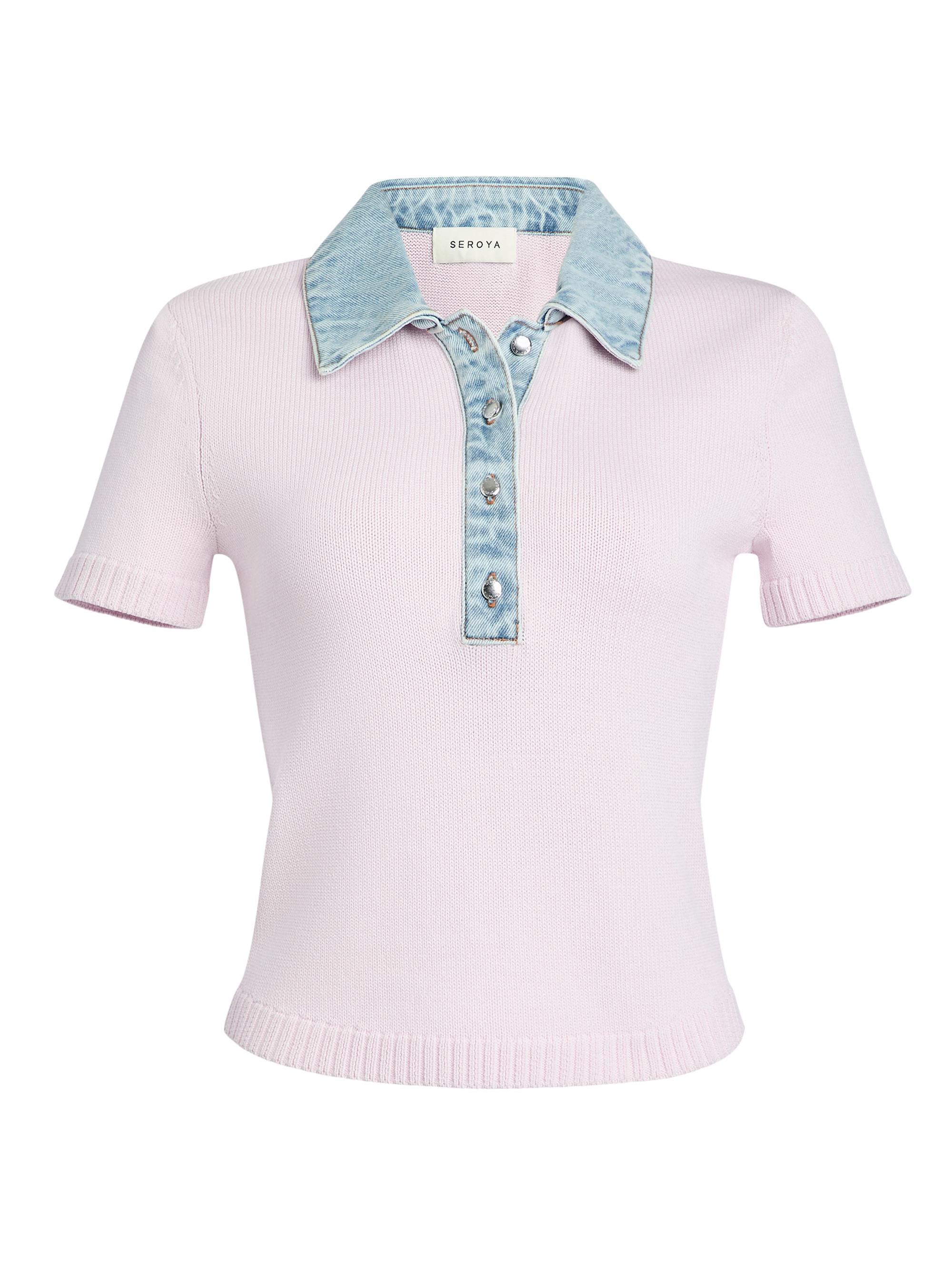 SEROYA Women's Erika Mixed-Media Short-Sleeve Polo Top - Petal Pink Coast