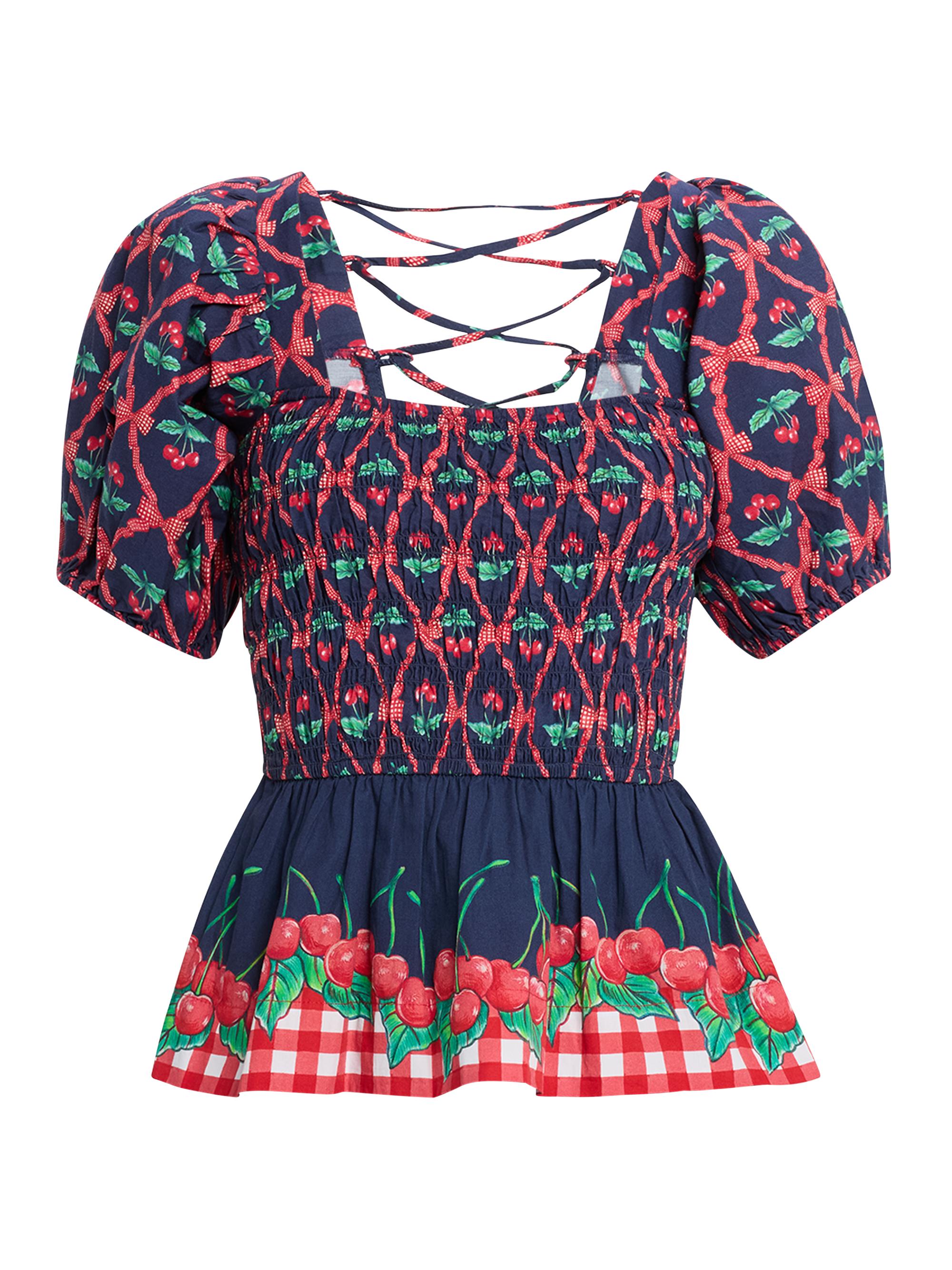 Damson Madder Women's Allegra Cherry Pie Smocked Blouse - Blue Red