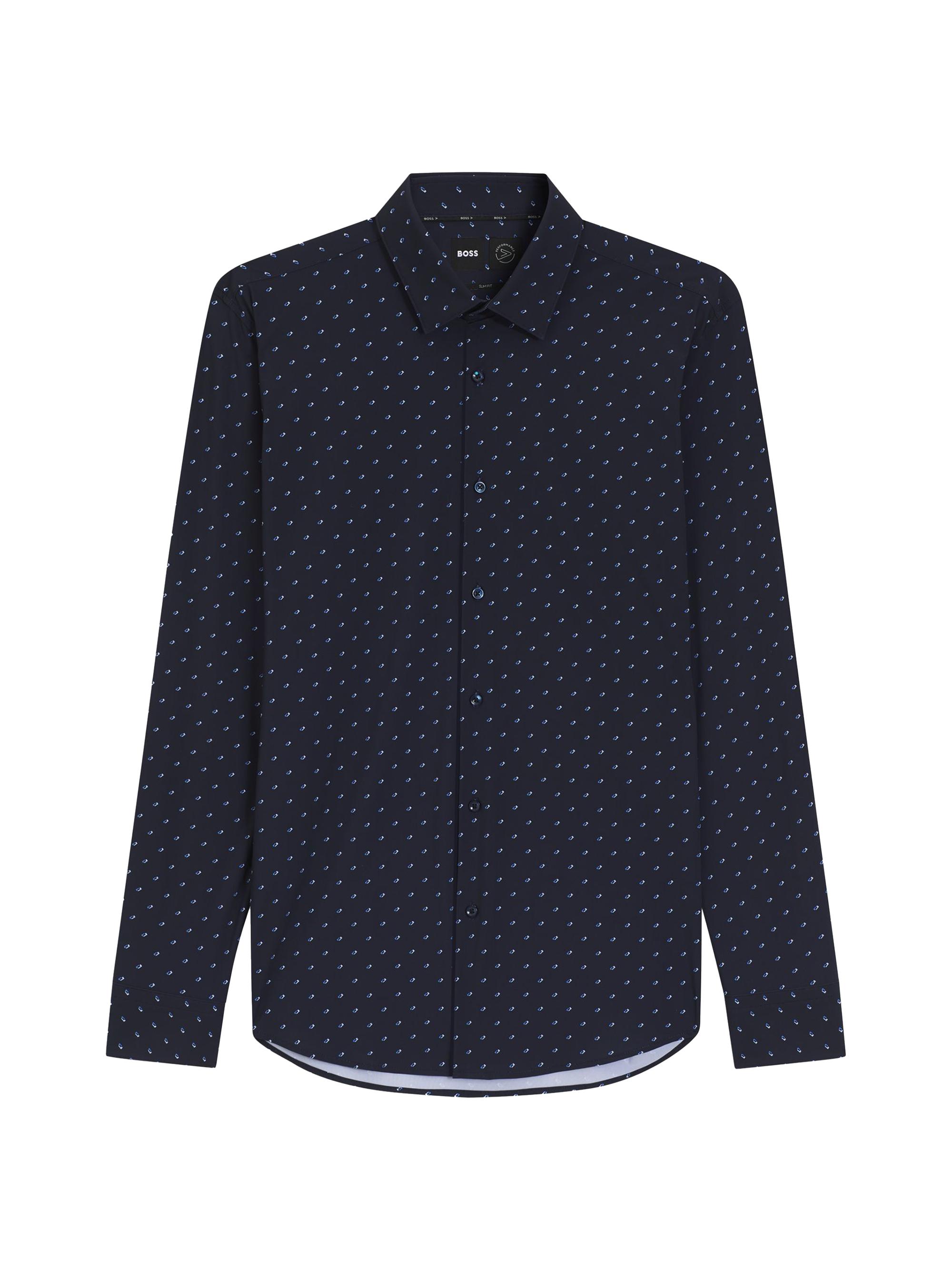 BOSS Men's Printed Slim-Fit Shirt in Performance-Stretch Jersey - Dark Blue