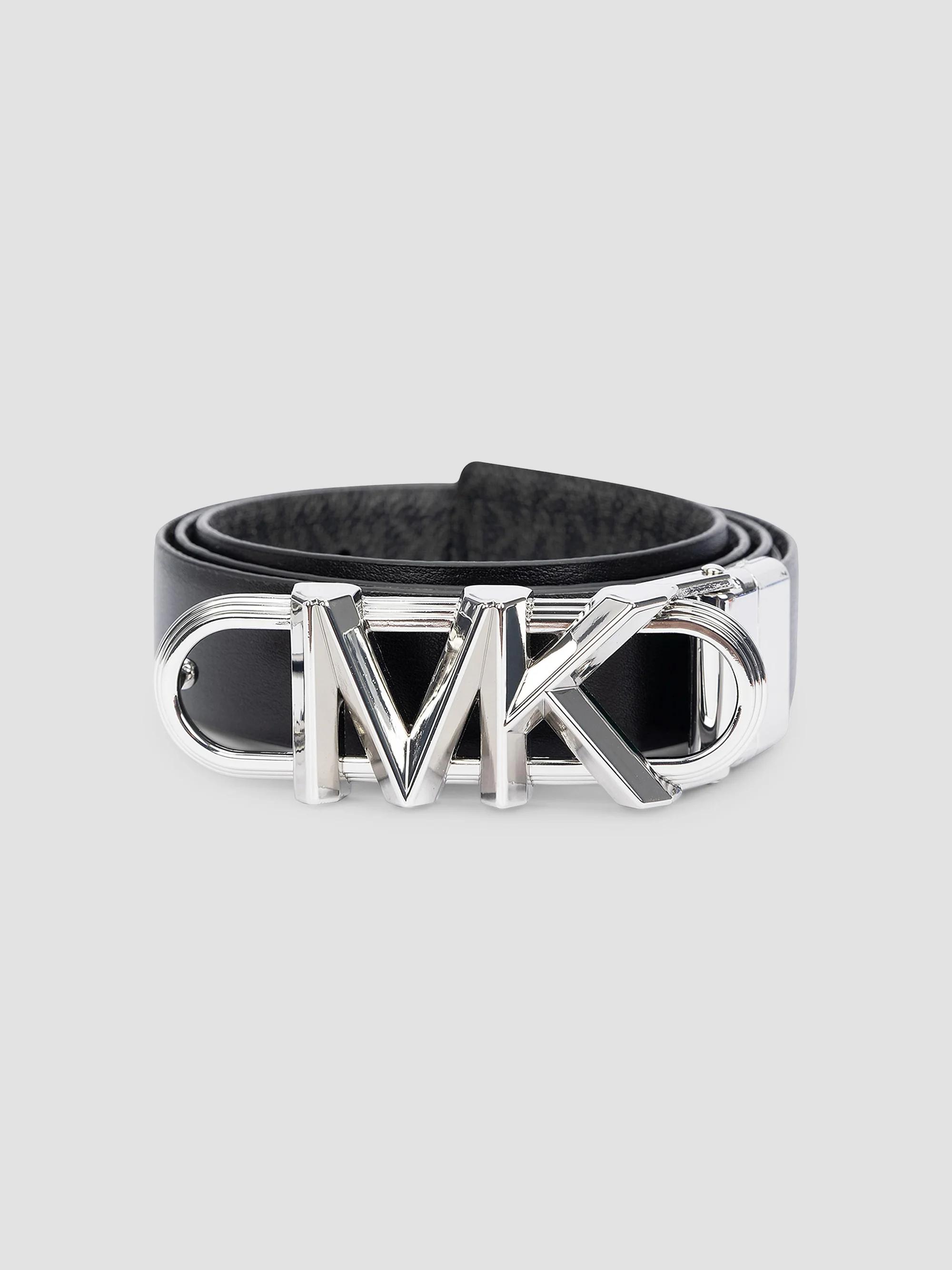 Michael Kors Reversible Leather Belt – Black & Brown w/ Silver MK Logo Buckle Reversible Logo Embossed Leather Buckle Belt in BLK/BROWN  main image 2