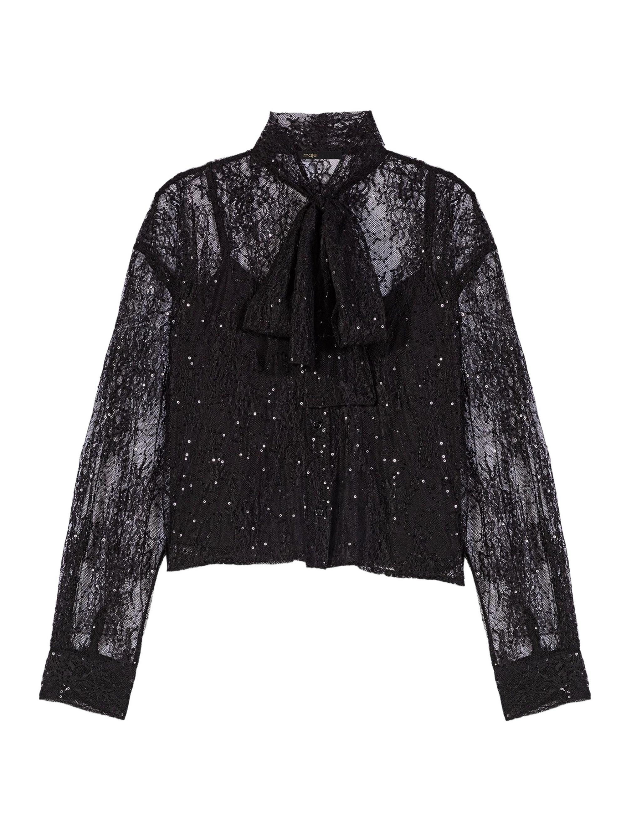 Maje Women's Lace Pussy Bow Shirt - Black