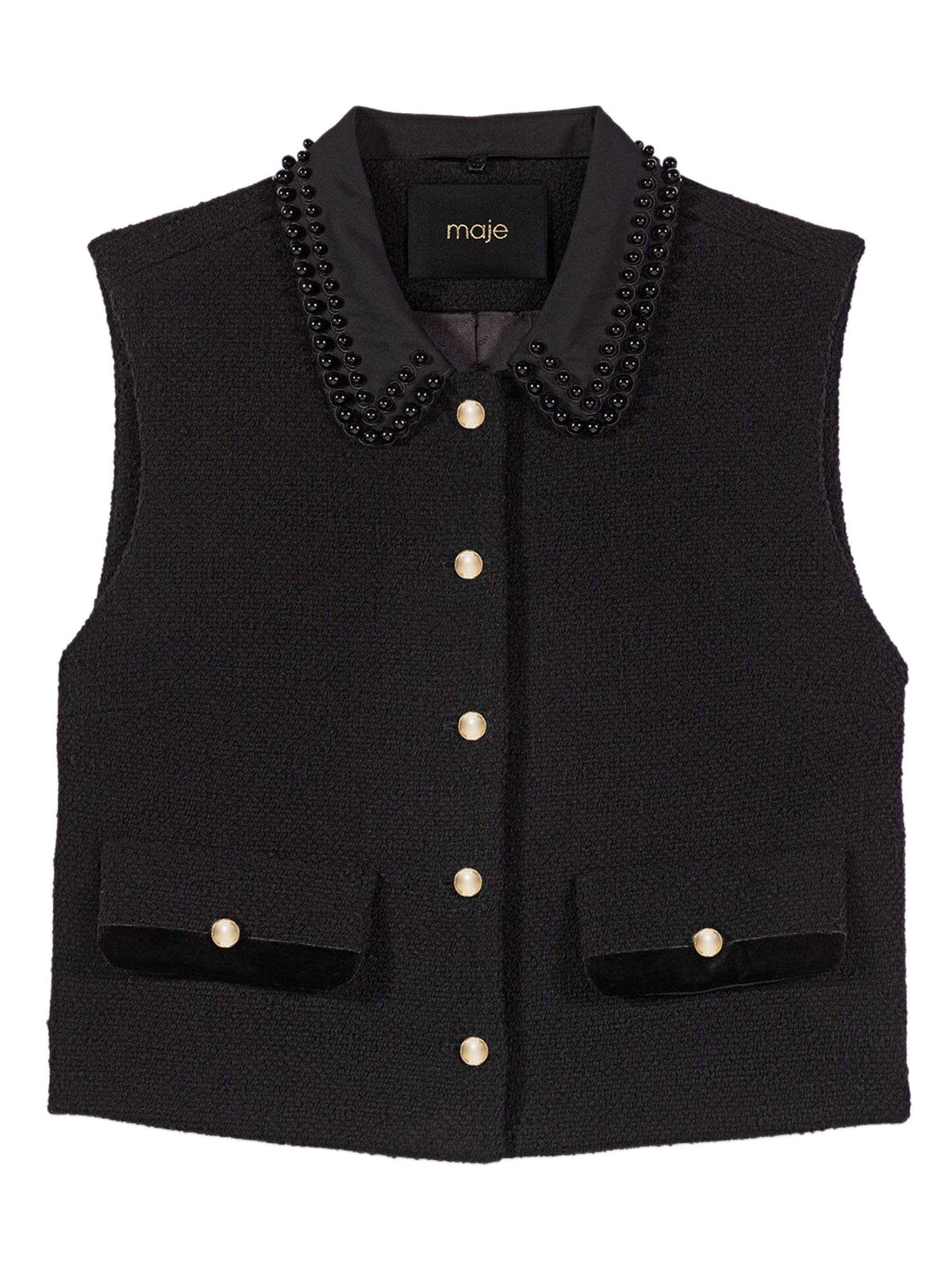 Maje Women's Tweed Top with Velvet Trim - Black