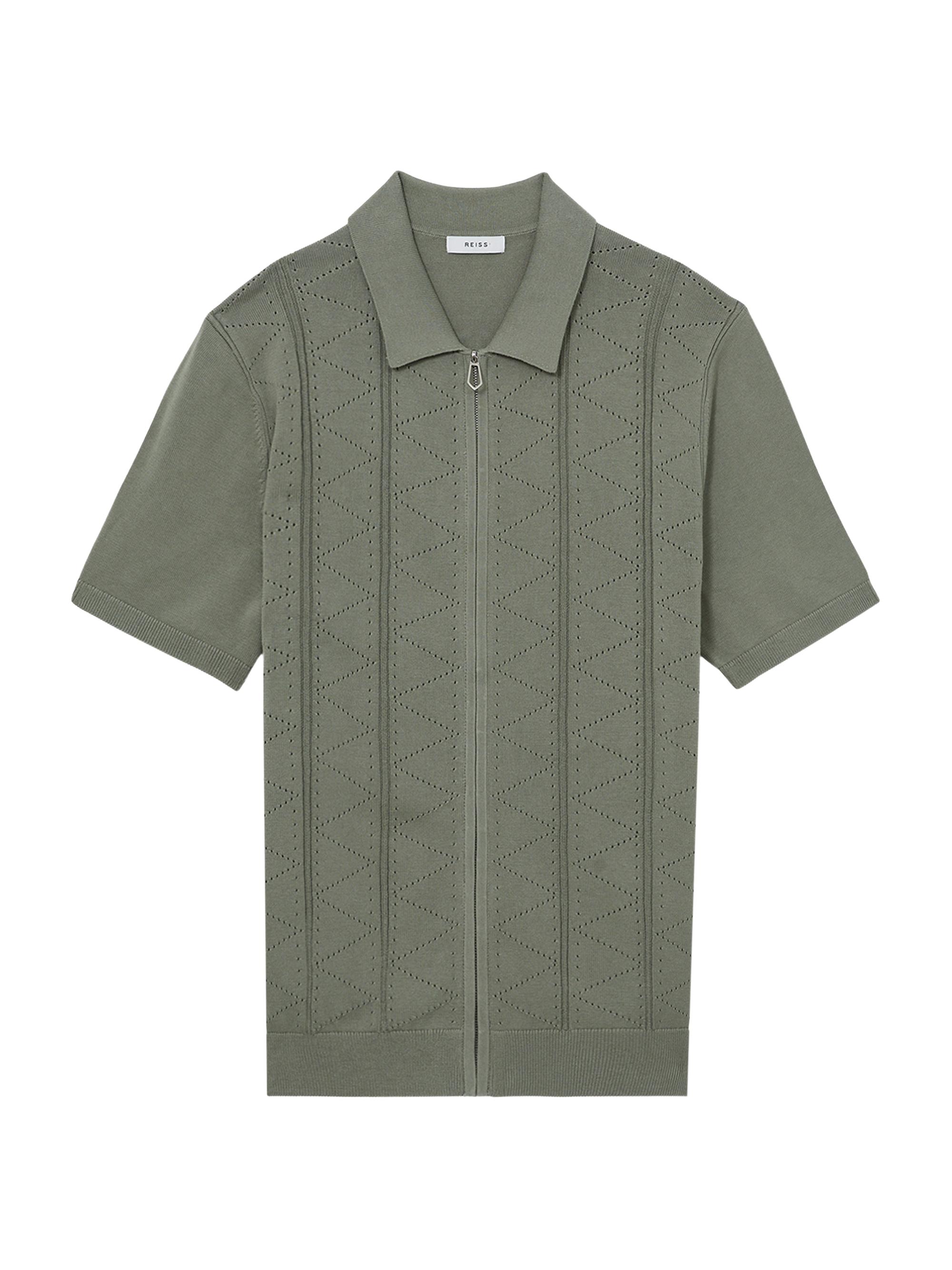 Reiss Men's Tay Pointelle-Knit Cotton Front-Zip Top - Green