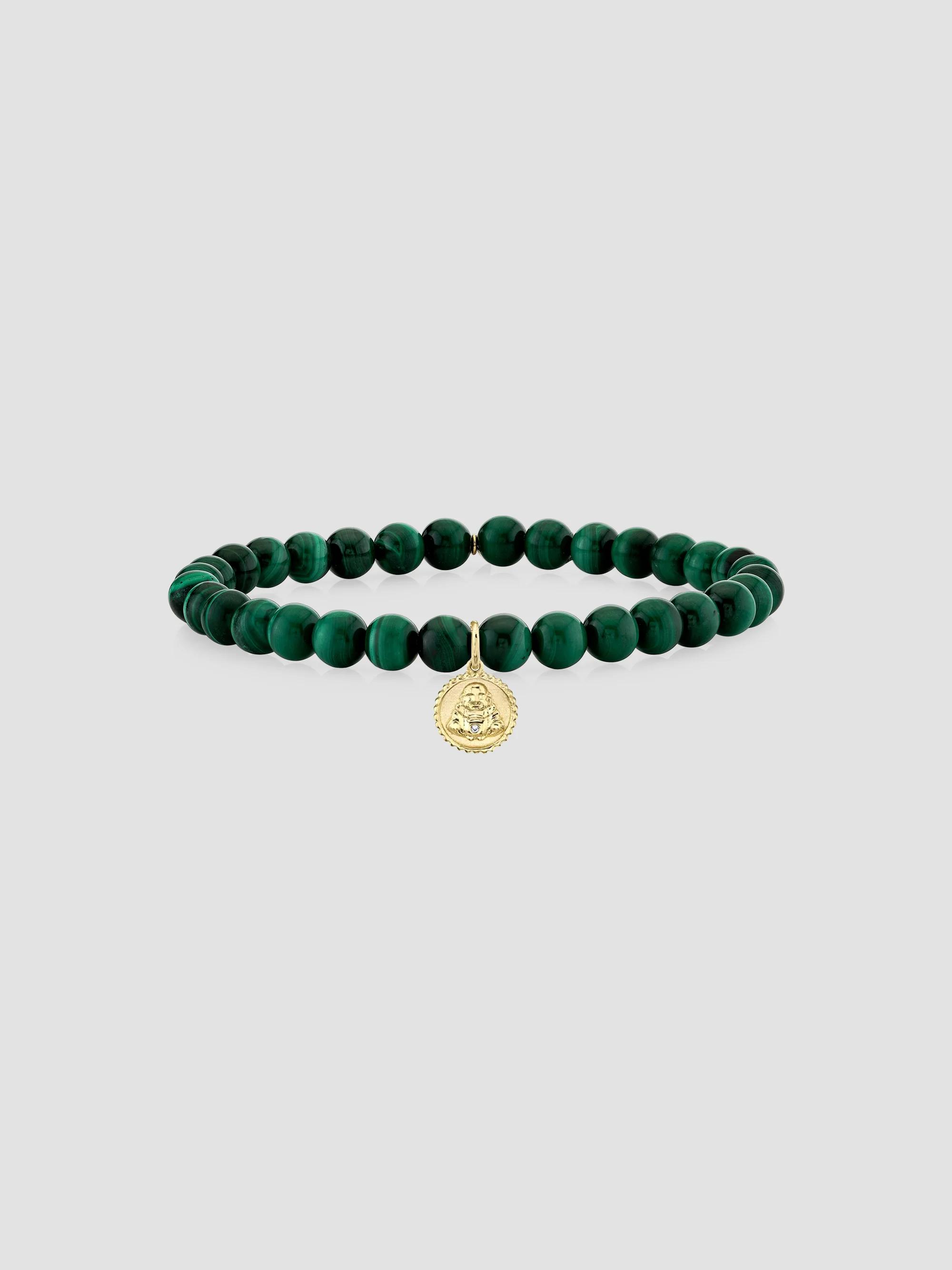 Sydney Evan Women's Tiny Sitting Buddha 14K Yellow Gold, Malachite & 0.003 TCW Diamond Beaded Charm Bracelet - Green Gold