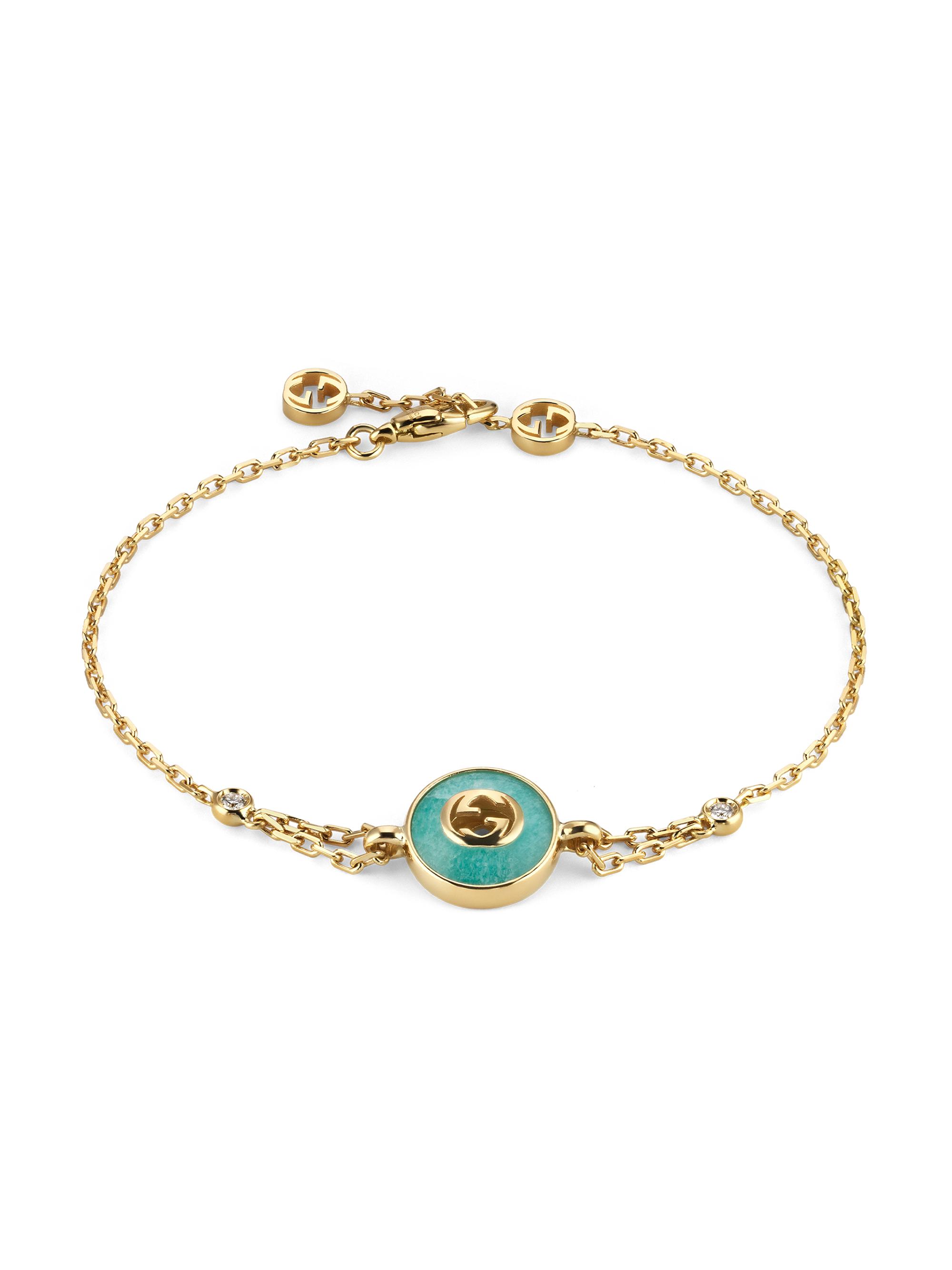 Gucci Women's 18K Yellow Gold, Amazonite & 0.05 TCW Diamond Logo Charm Bracelet - Green