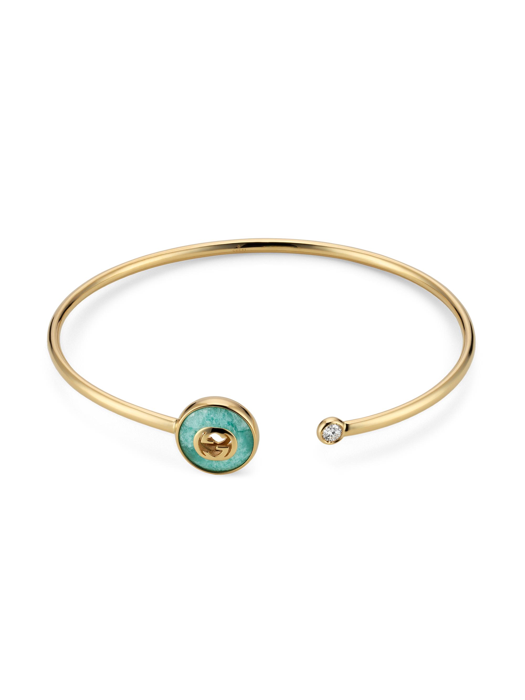 Gucci Women's 18K Yellow Gold, Amazonite & 0.08 TCW Diamond Flexible Cuff - Green