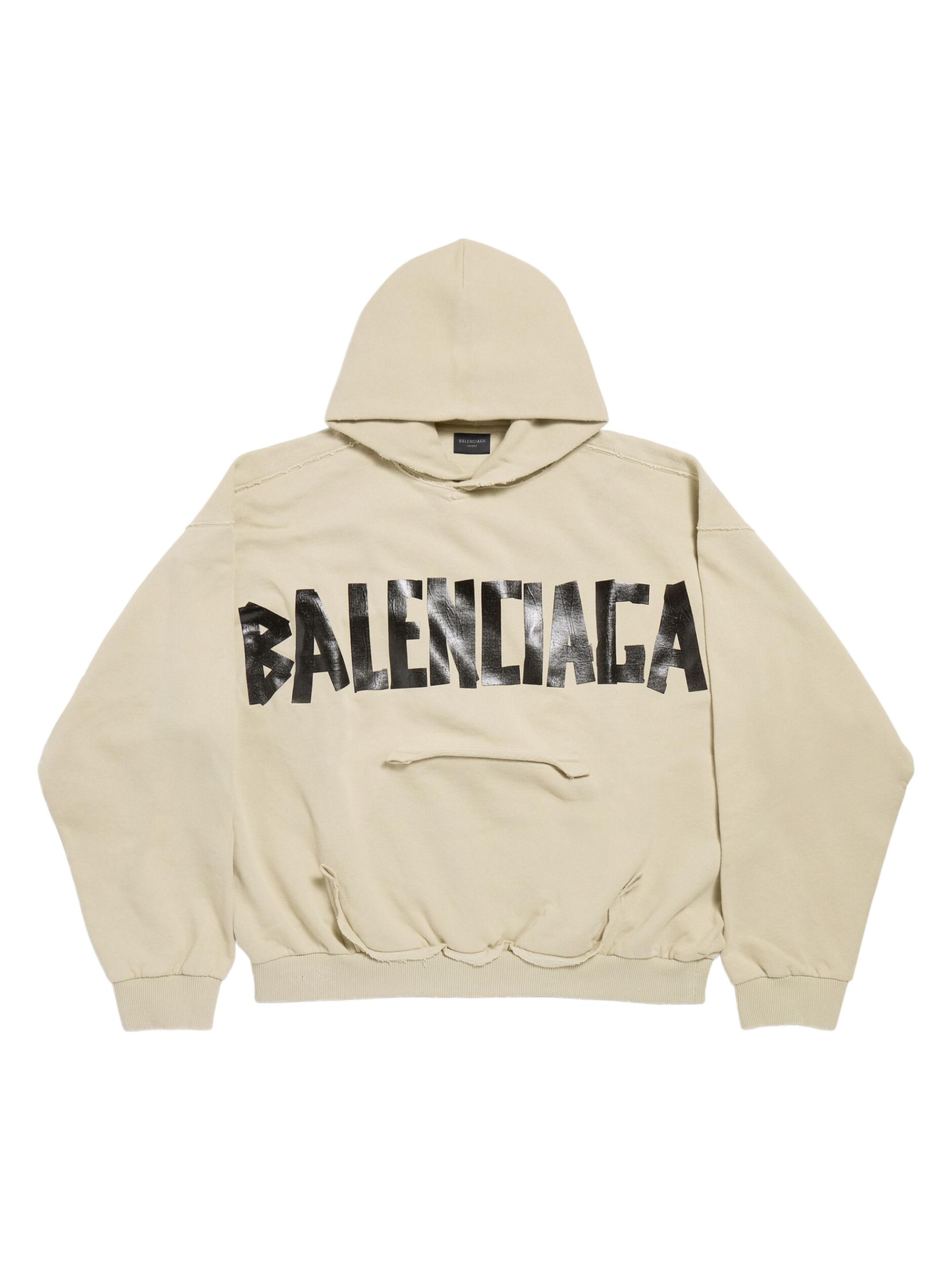 Balenciaga Men's Tape Type Ripped Pocket Hoodie - Beige