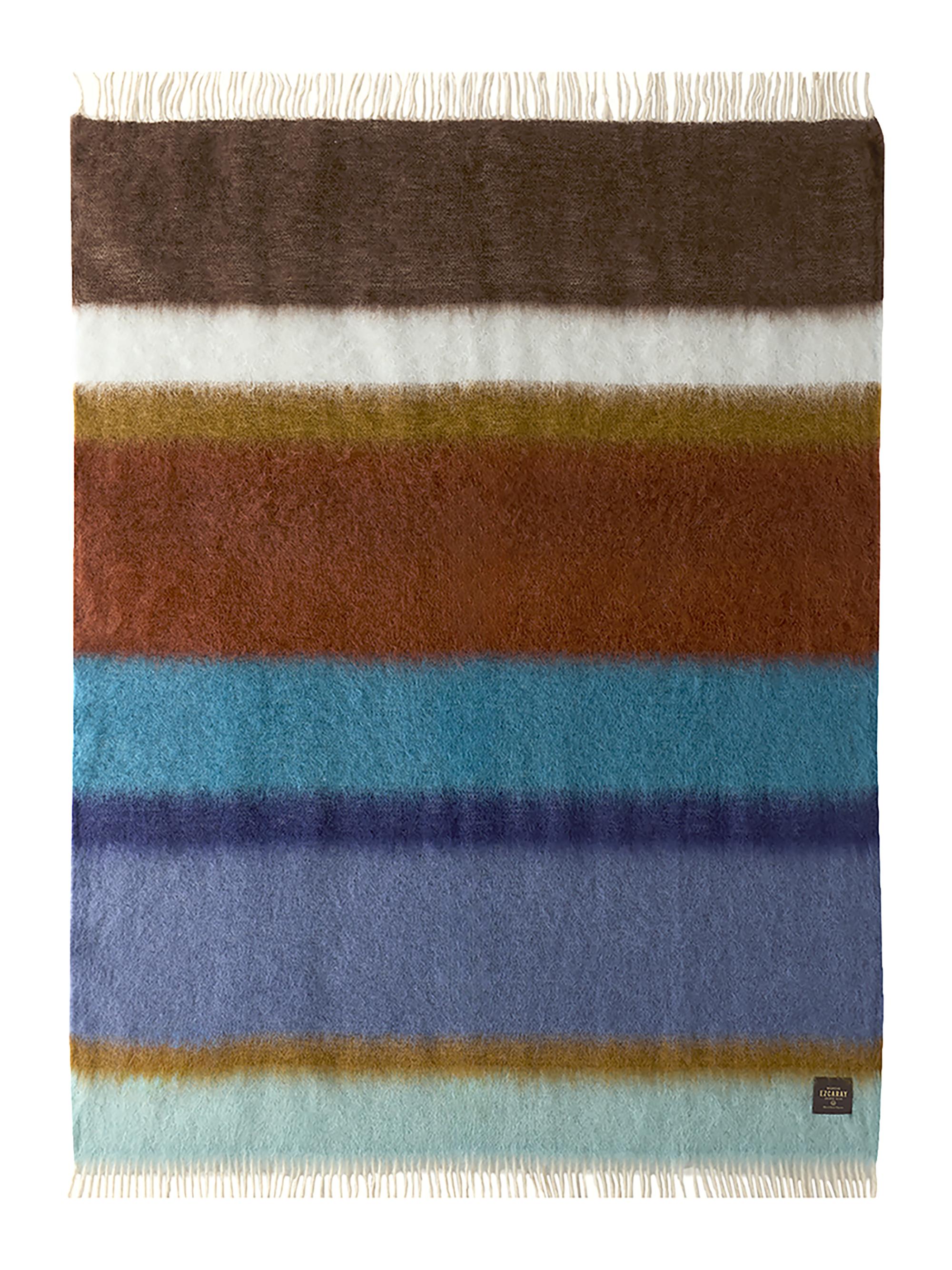 Mantas Ezcaray Matisse Mohair-Merino Wool Striped Throw Blanket - Blue Brown