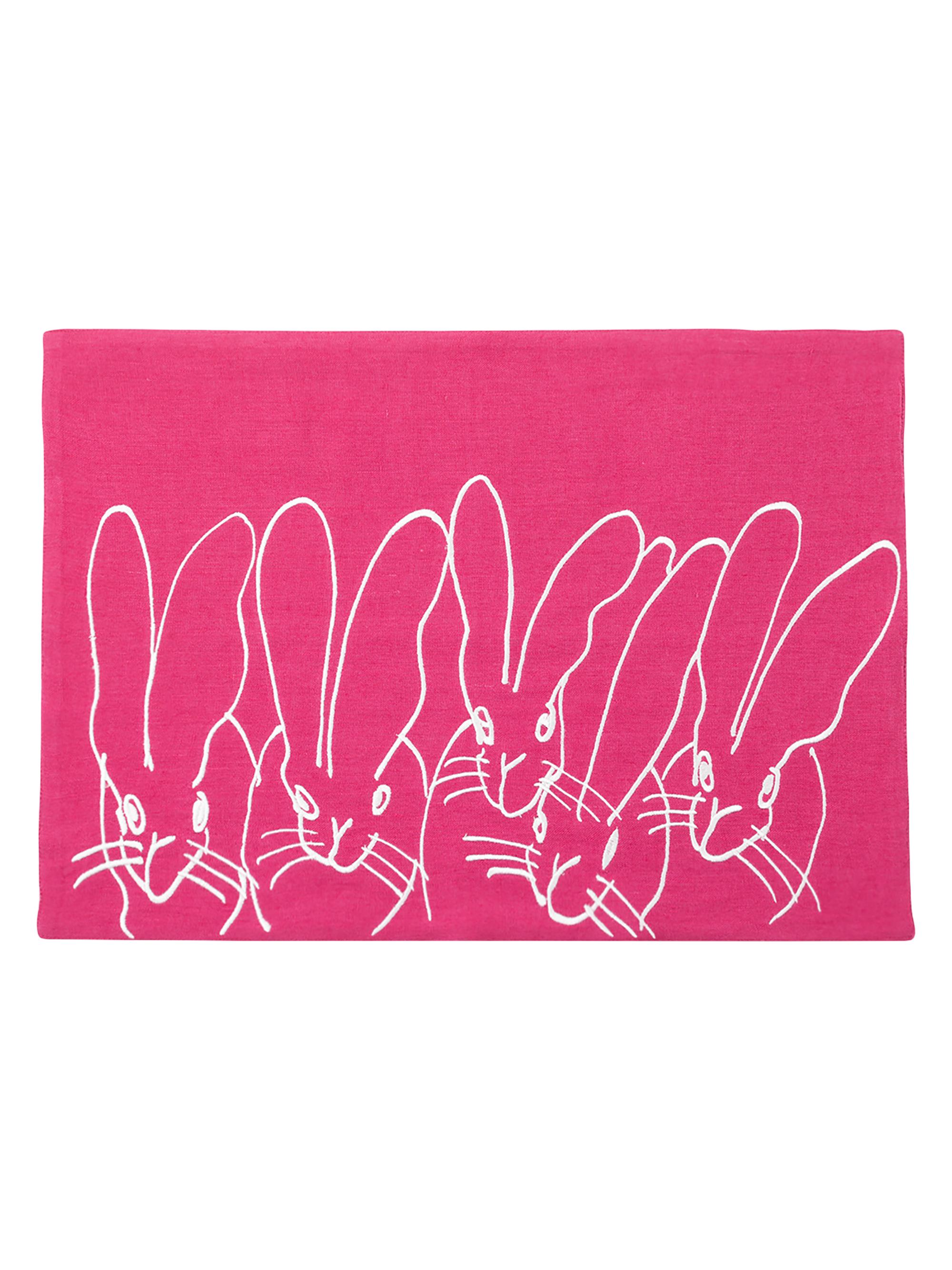 Hunt Slonem Band of Bunnies Embroidered Linen Placemat - Pink