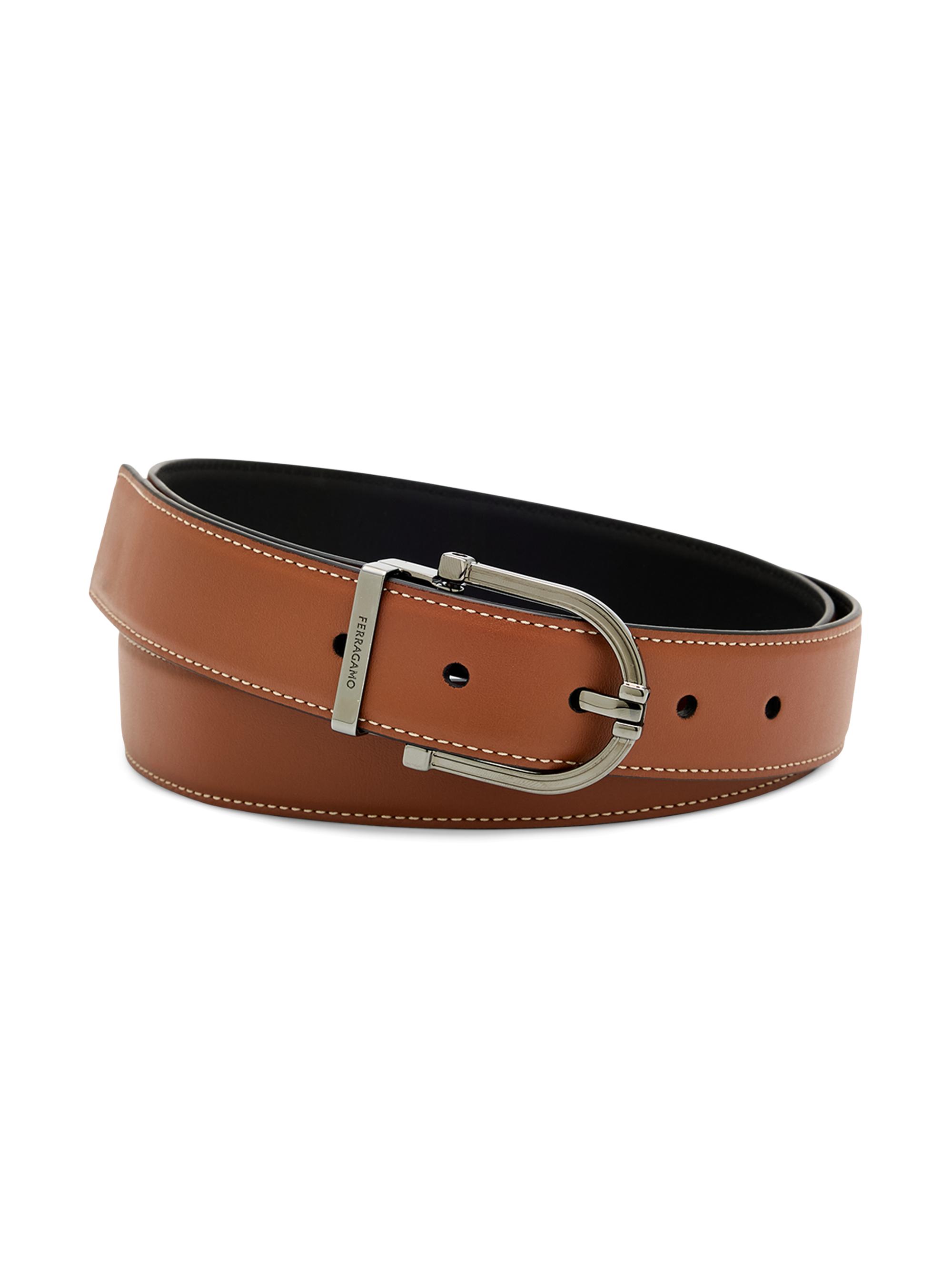 FERRAGAMO Men's Horseshoe-Buckle Double Adjustable Leather Belt - Brown Black