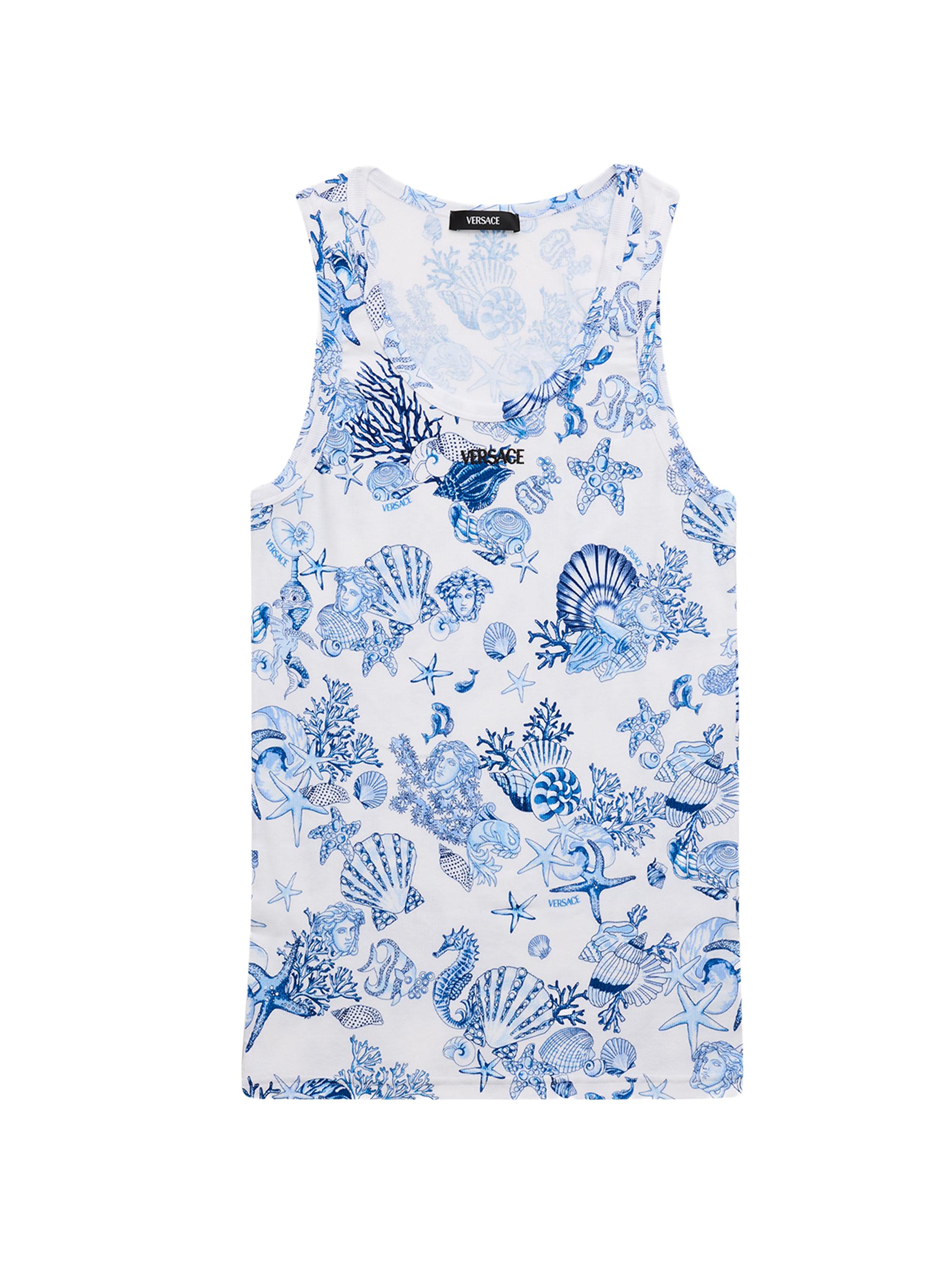 Versace Men's La Vacanza Cotton Rib Tank Top - Blue Pattern