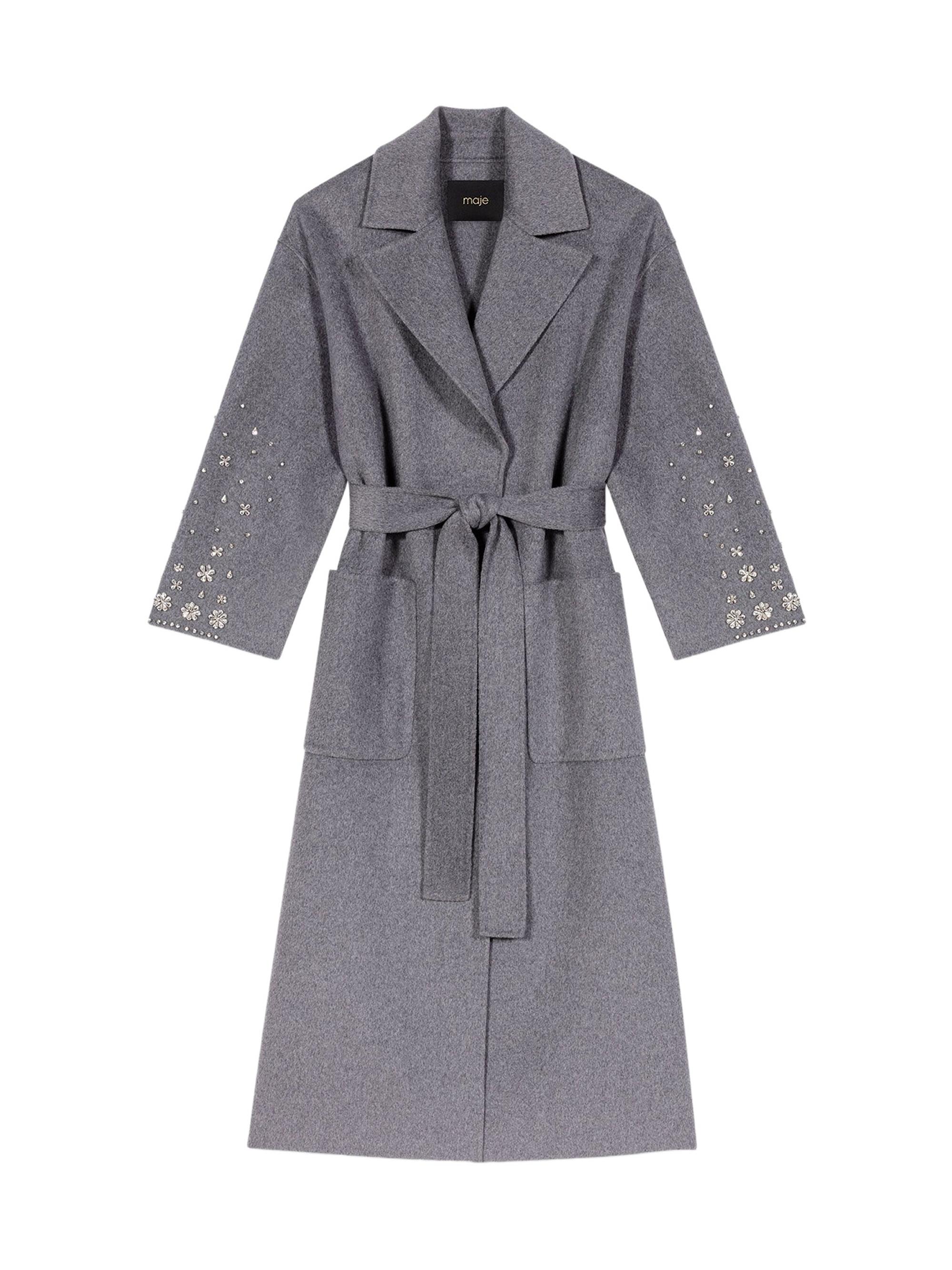 Maje Women's Long Bouble-Faced Rhinestone Coat - Grey