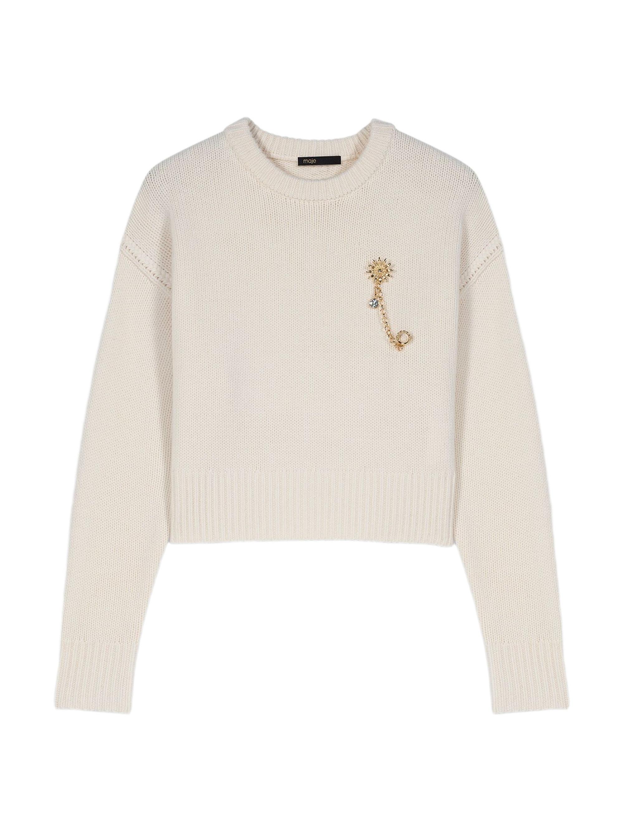 Maje Women's Jumper with Floral Brooch - Ecru