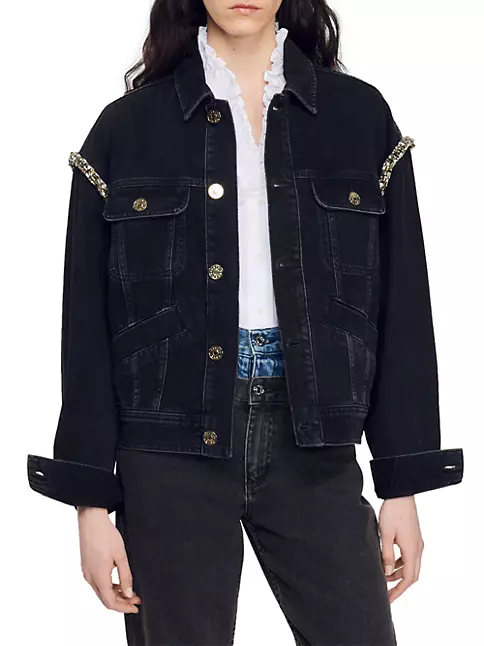 Embellished Lace Three-Quarter Sleeve Denim Jacket - Black