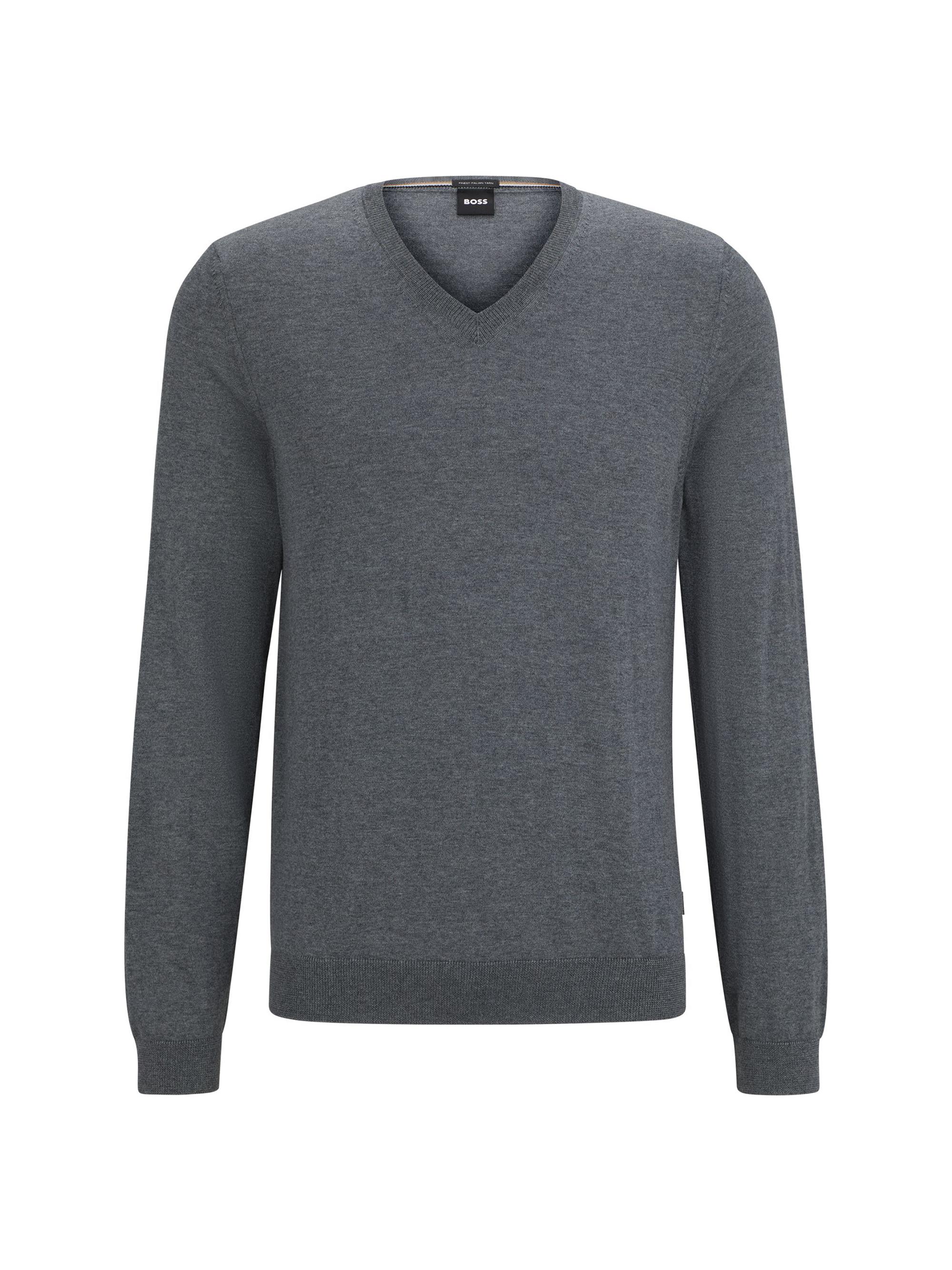 HUGO BOSS Men's V-Neck Slim-Fit Sweater in Virgin Wool - Grey