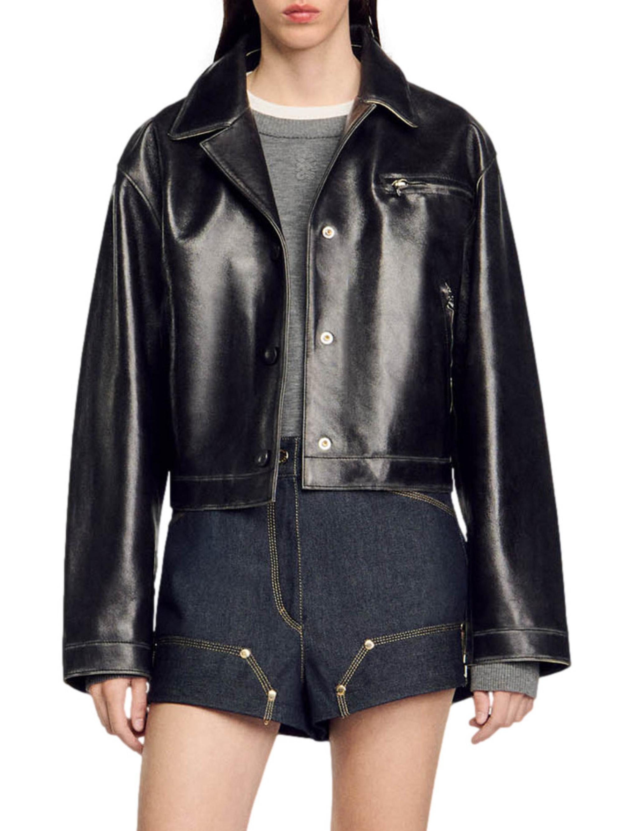 Sandro Distressed Cropped Leather Jacket | Saks Fifth Avenue