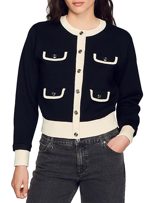 Shop Sandro Two-Tone Cardigan with Buttons | Saks Fifth Avenue Shop Sandro Two-Tone Cardigan with Buttons | Saks Fifth Avenue