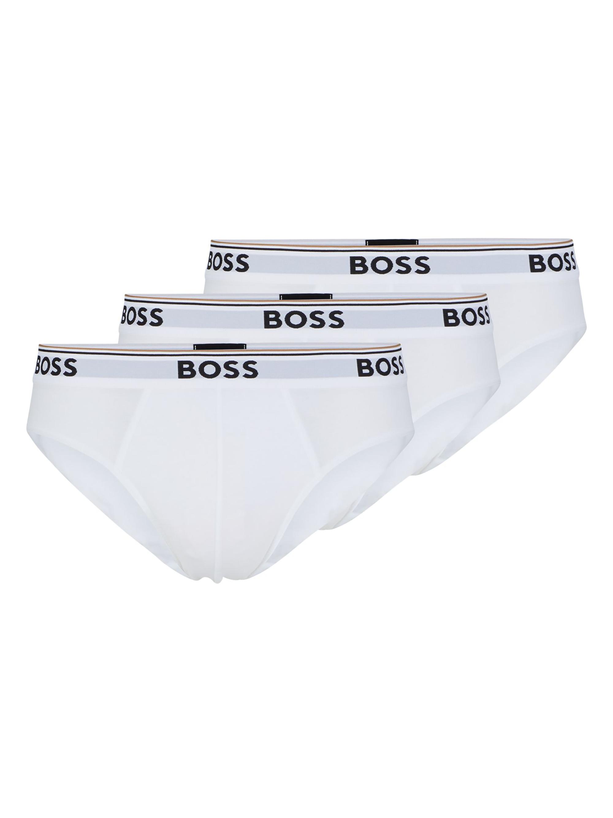 BOSS Men's Three-Pack of Stretch-Cotton Briefs with Logo Waistbands - White