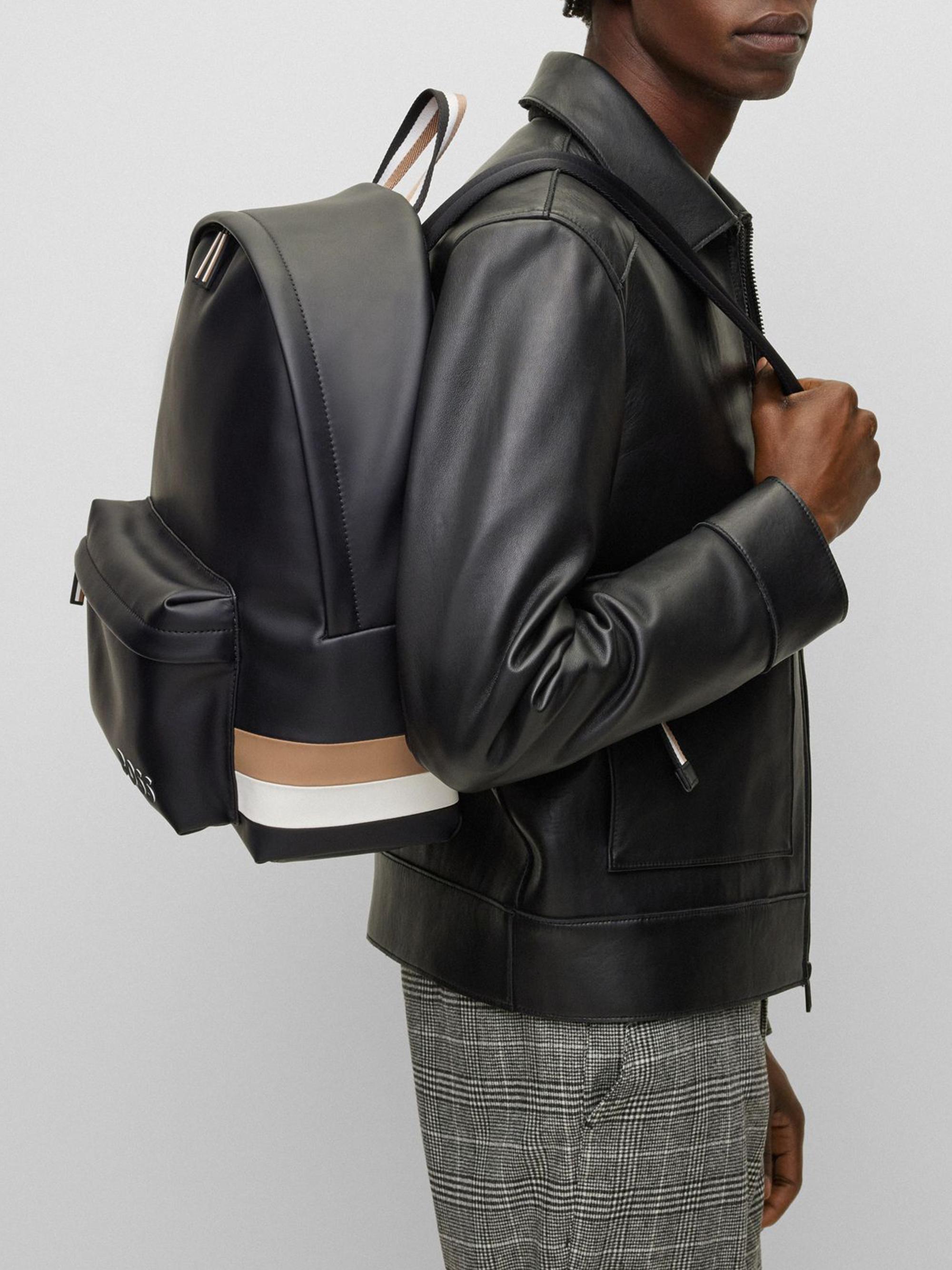 boss backpack leather Lady Laptop accentuated with plastic details Black Embossed-Logo Leather Backpack