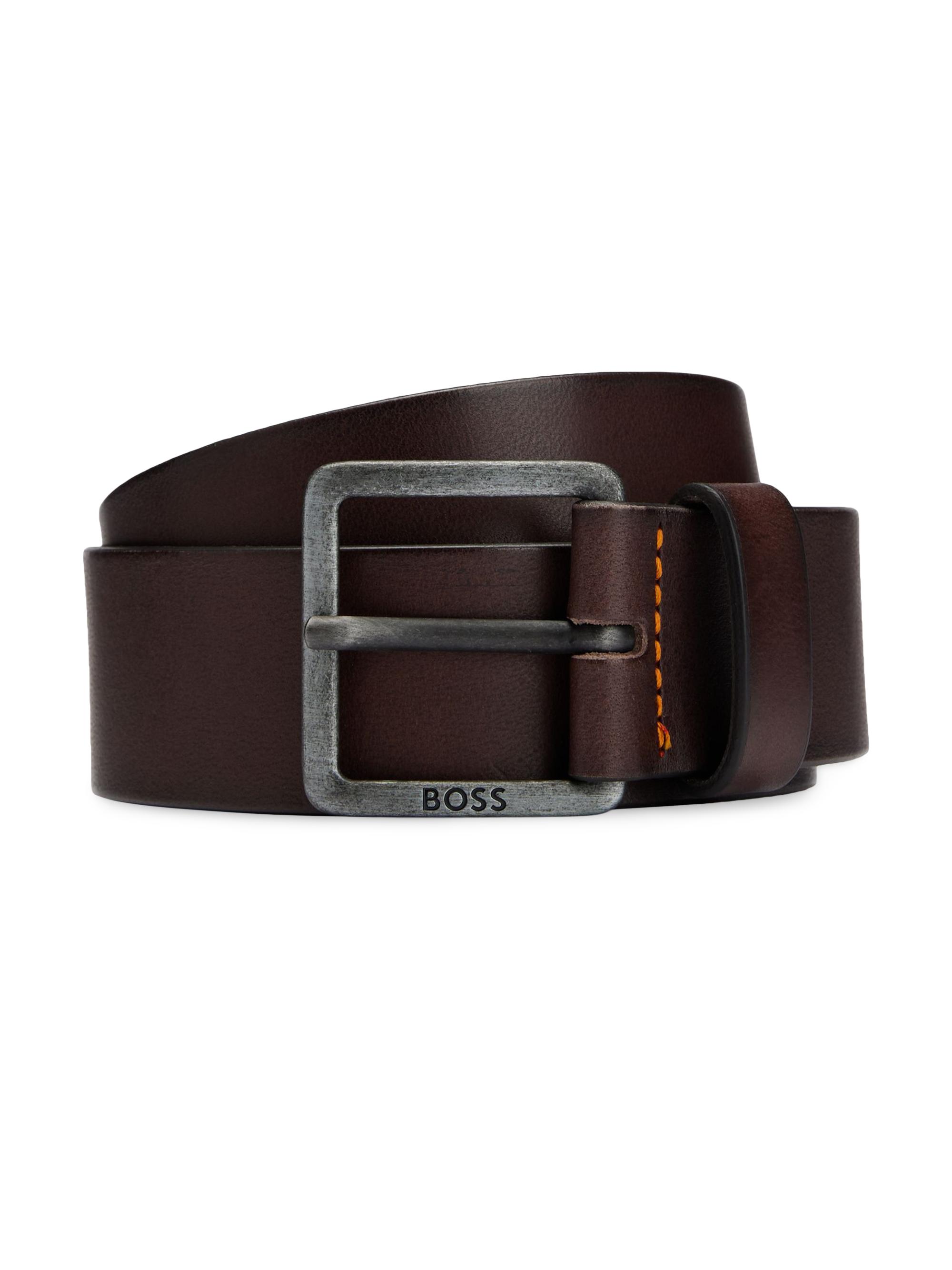 HUGO BOSS Men's Leather Belt with Logo Buckle - Dark Brown