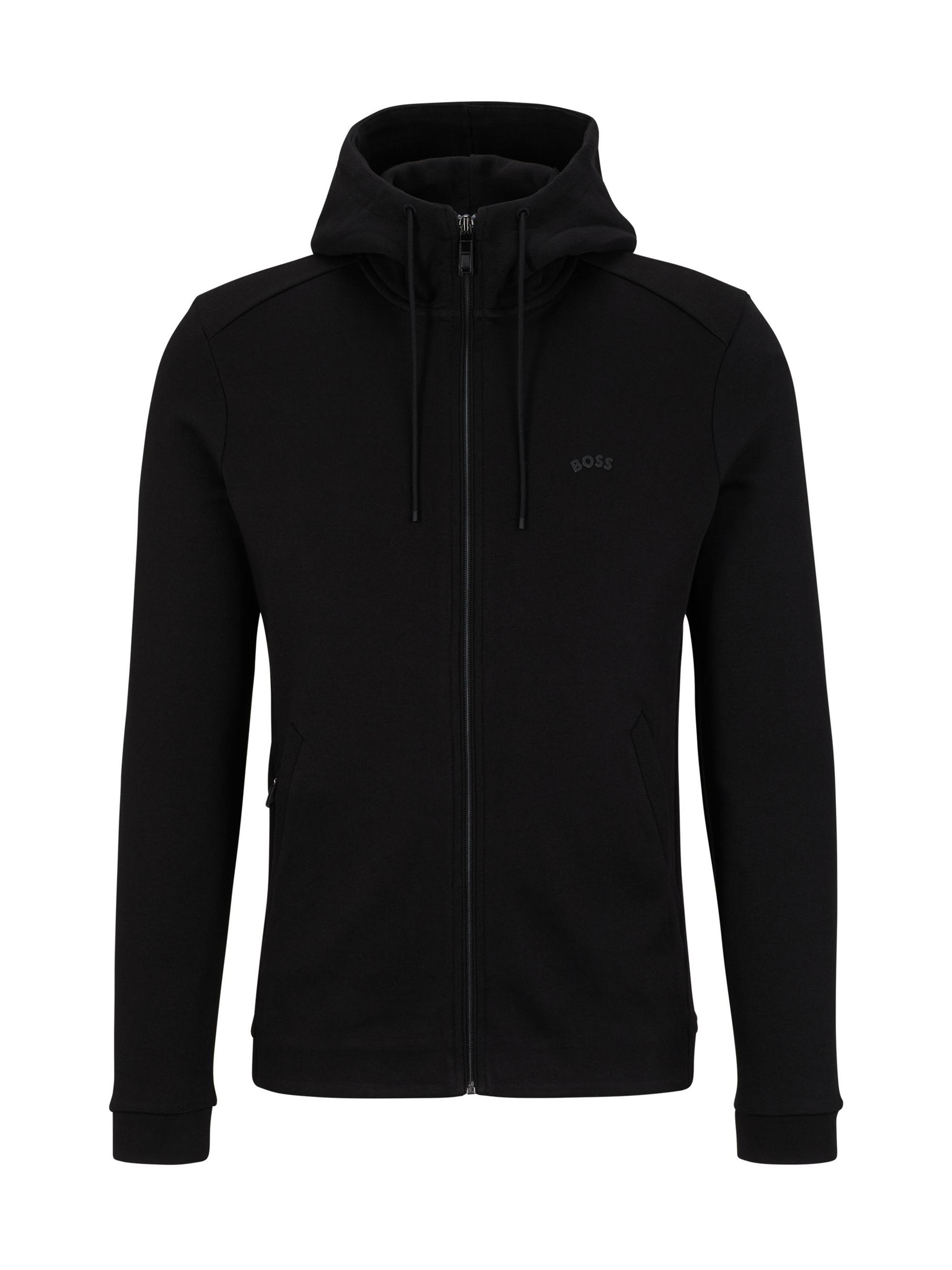 HUGO BOSS Men's Zip-Up Hooded Sweatshirt in Organic Cotton with Logo - Black