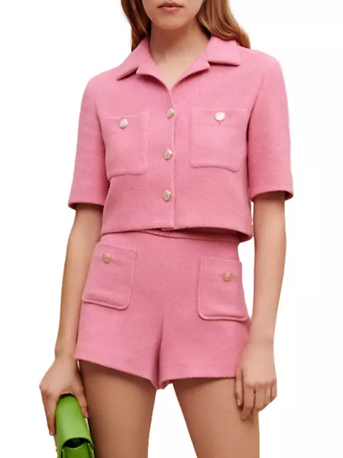 Two Piece Set Long Sleeve Pink Tweed Jacket Plaid Strap 