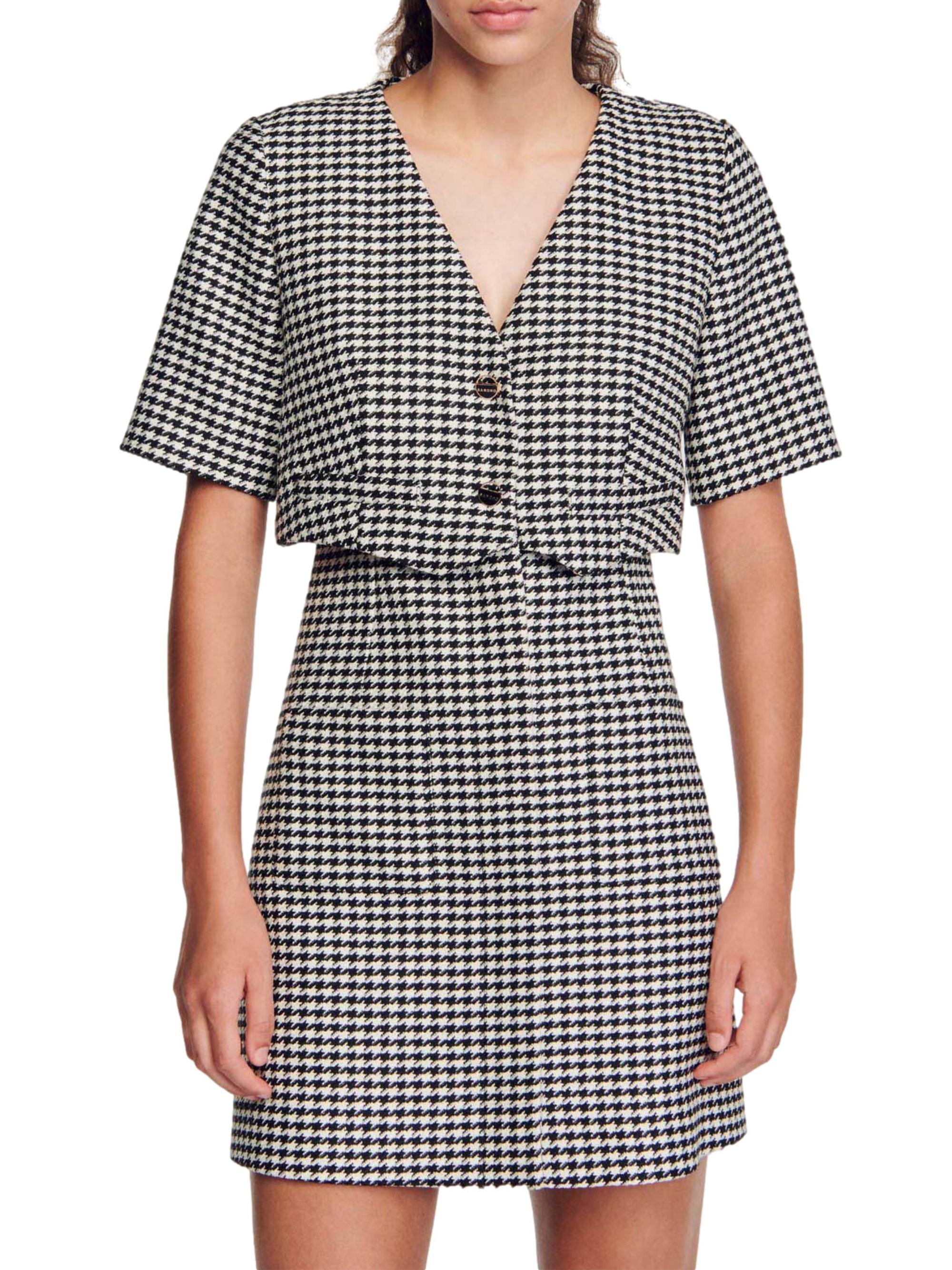 strappy houndstooth tweed a line dress Shoshanna Women's Irene Tweed Minidress - Jet Multi