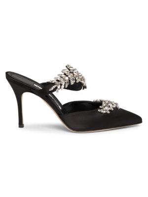 Manolo Blahnik Women's Lurum 90MM Crystal-Embellished Satin Mules - Black