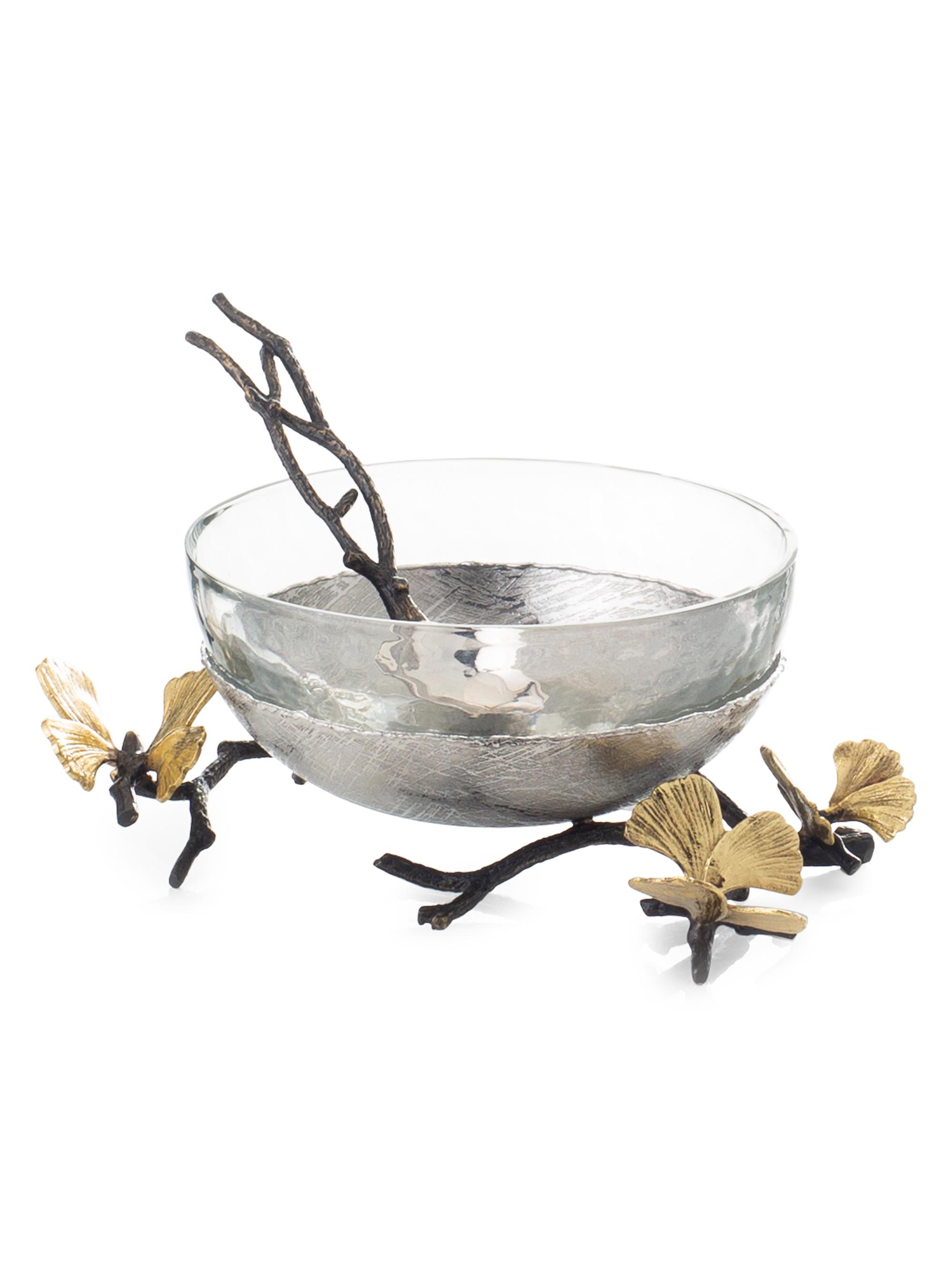 Michael Aram Butterfly Ginkgo 3-Piece Glass Nut Dish, Stainless Steel Nut Dish & Spoon Set
