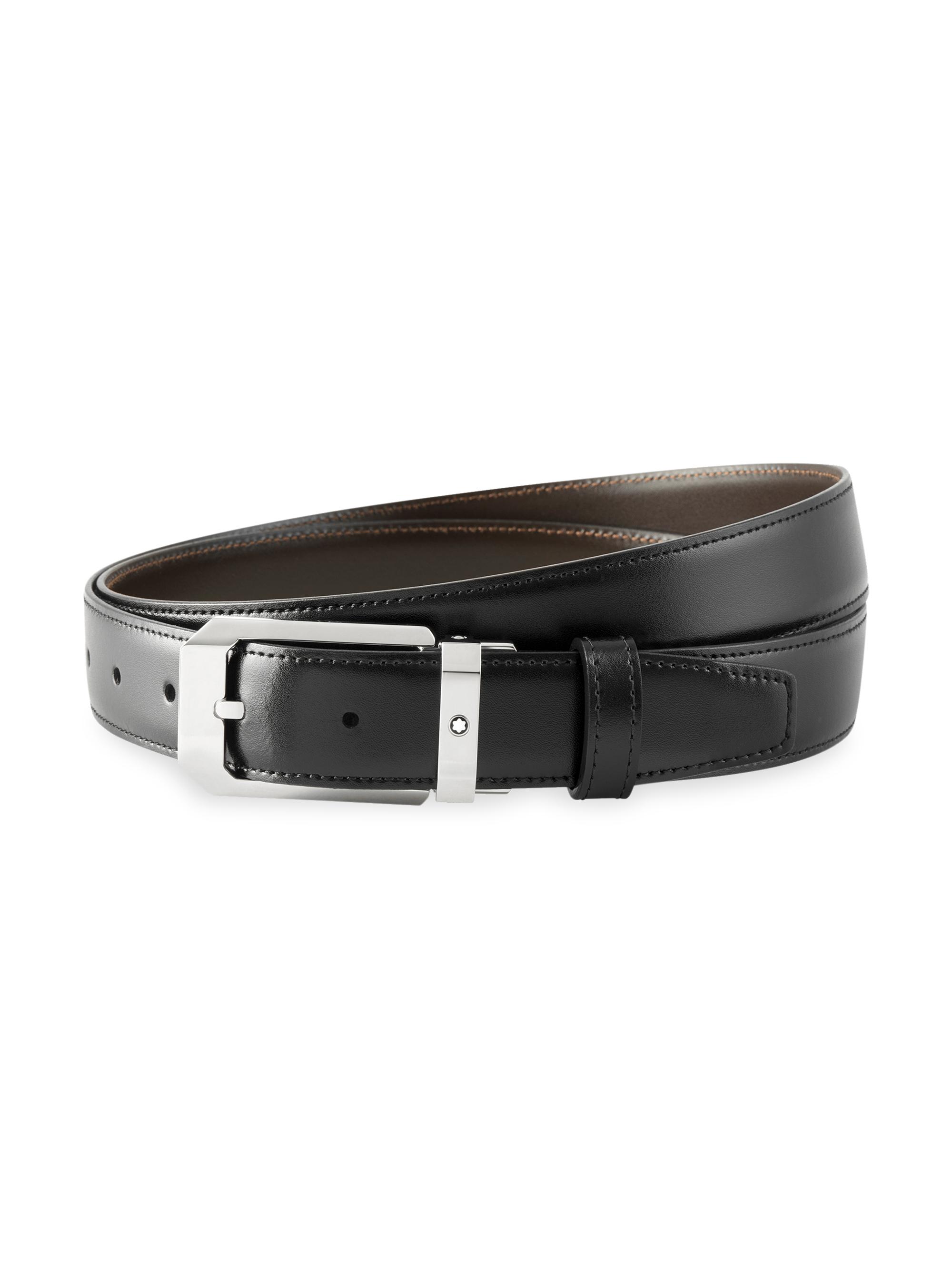 Montblanc Men's Rectangular Shiny Stainless Steel Pin Buckle Cut-to-Size Leather Belt - Black