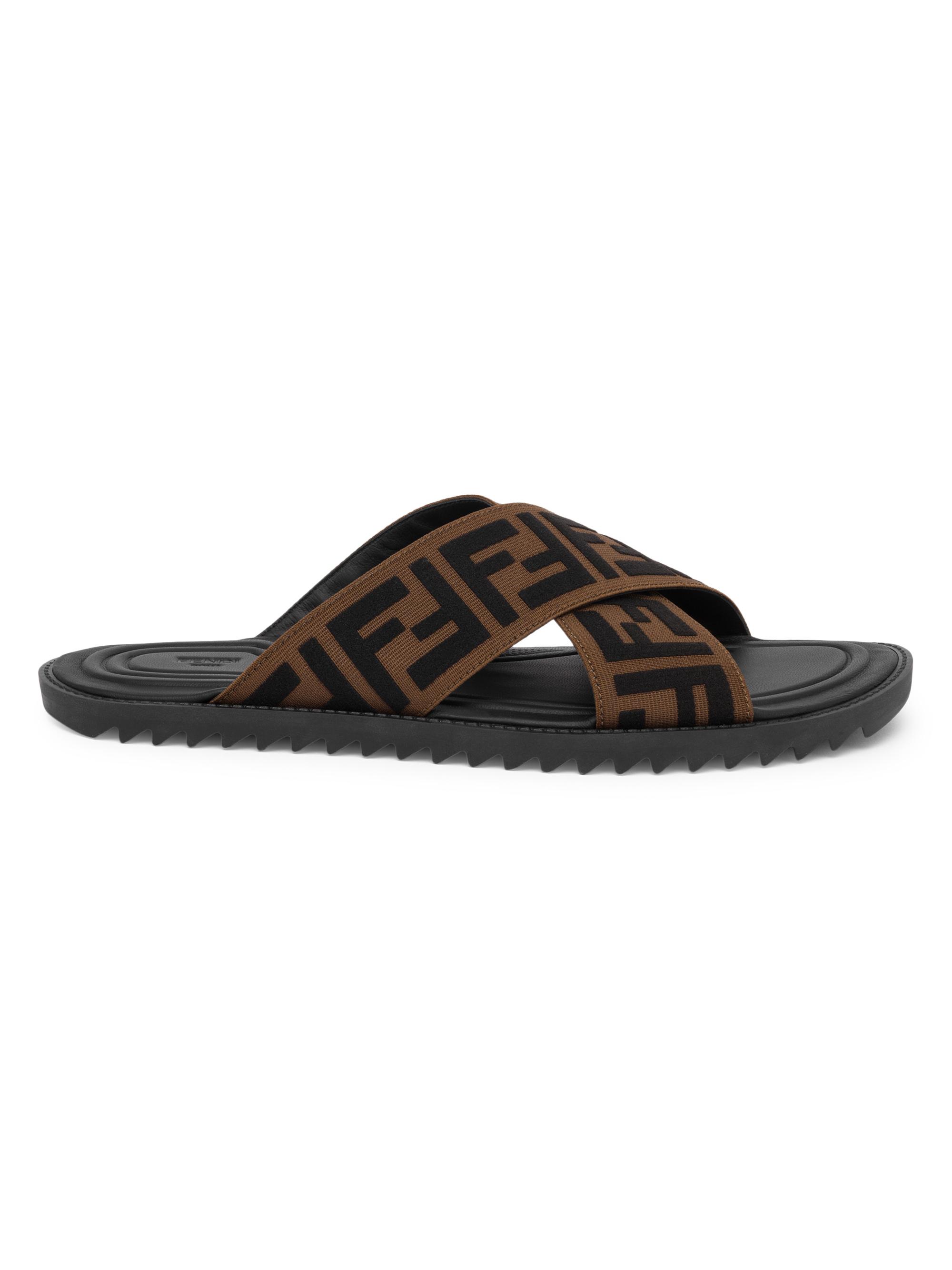 Fendi Men's Cross Strap FF Logo Slide Sandals - Brown