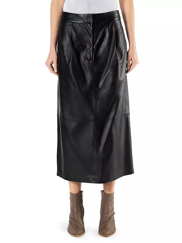 Pleat Detail Leather Midi Skirt