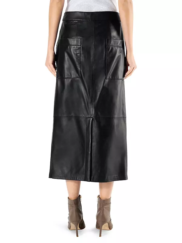 Pleat Detail Leather Midi Skirt