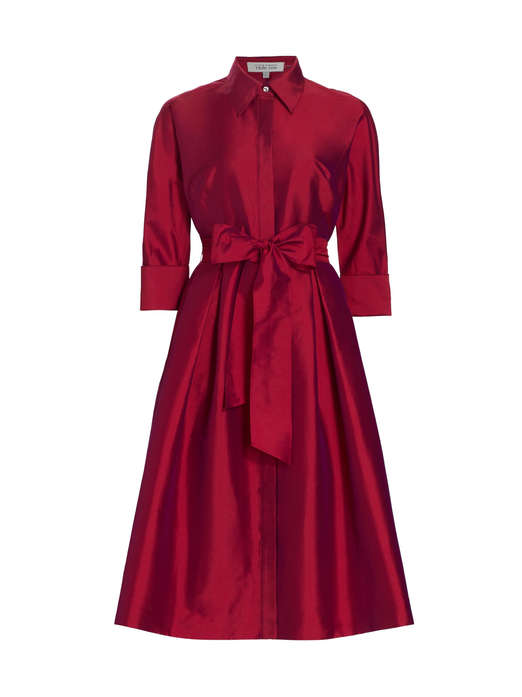 Teri Jon by Rickie Freeman Women's Silk Taffeta Shirtdress - Cherry