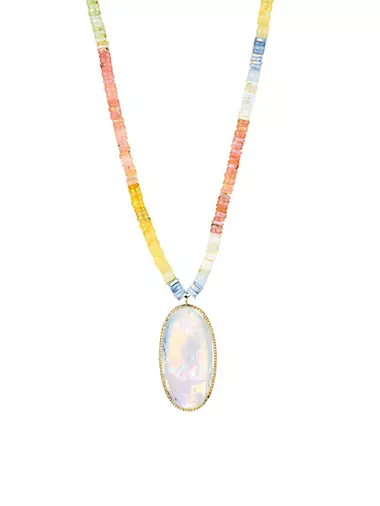 14K Gold, Rainbow Moonstone, Opal & Diamond Pendant Necklace
