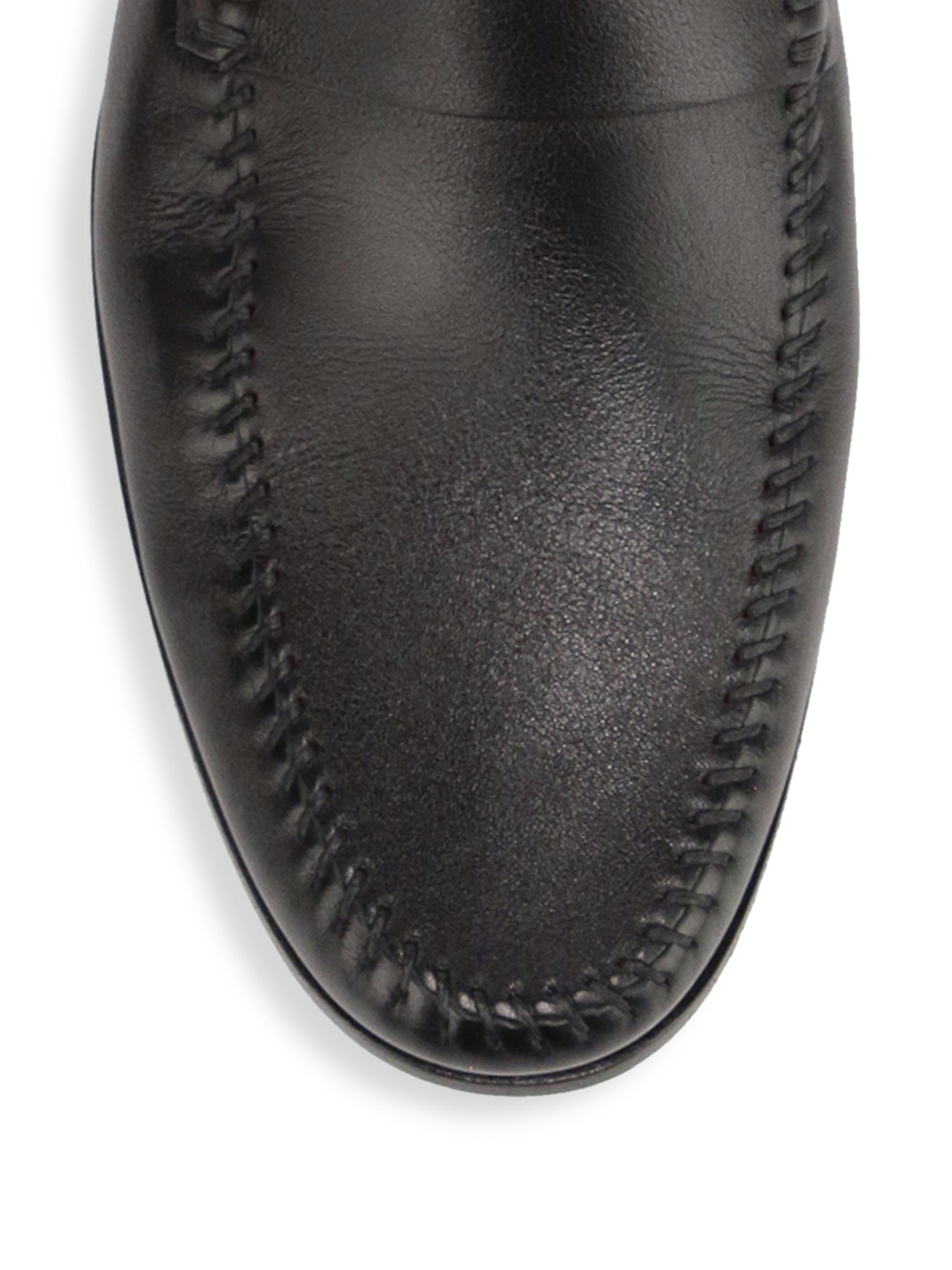Santoni Men's Paine Leather Moccasin Loafers - Black - detail view in Black