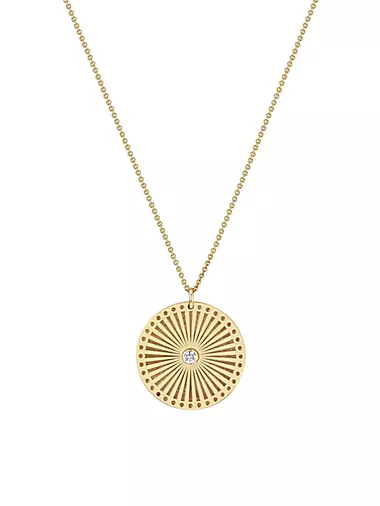 Large 14K Yellow Gold & 0.10 TCW Diamond Sunbeam Medallion Necklace