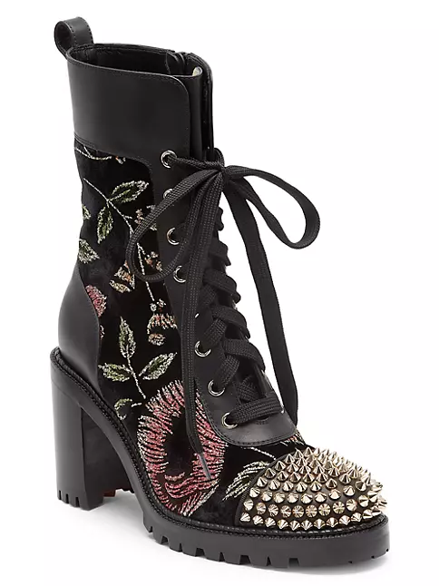Christian Louboutin Croc Floral Studded Hiking Ankle Boots Black