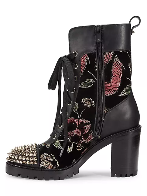 Christian Louboutin Croc Floral Studded Hiking Ankle Boots Black