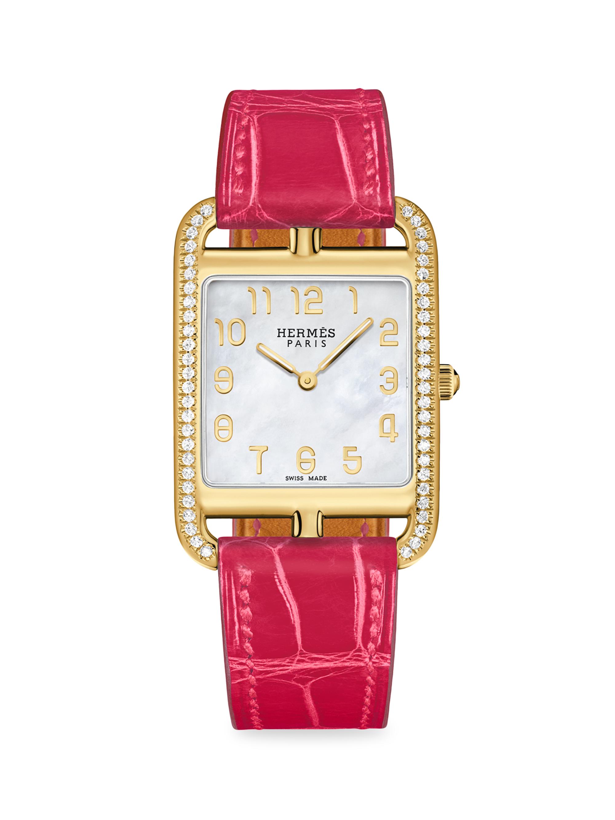 HERMÈS Women's Cape Cod 37MM 18K Yellow Gold, Diamond & Alligator Strap Watch - Pink