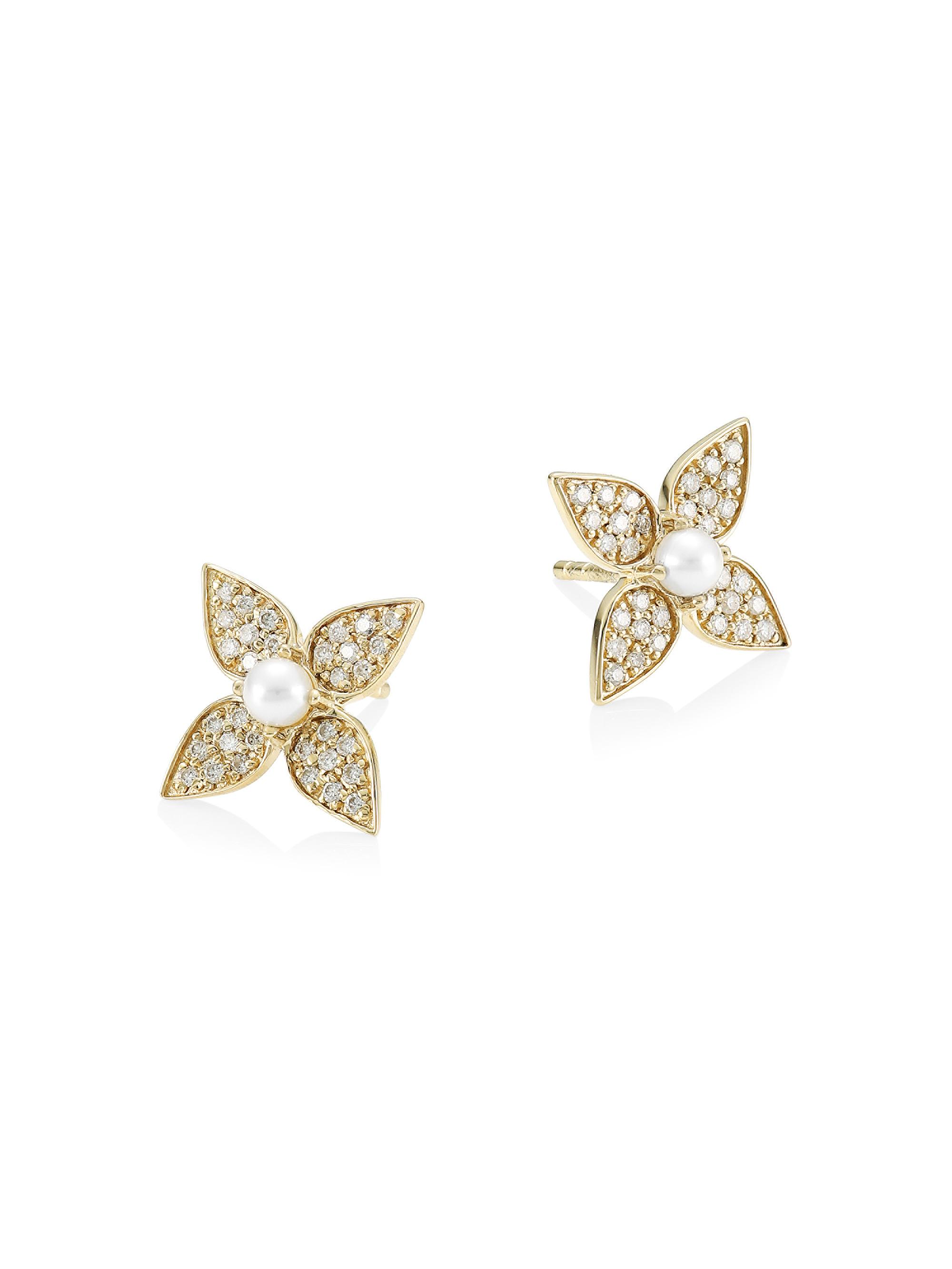 Sydney Evan Women's 14K Yellow Gold, 2.5MM White Pearl & Diamond Paisley Flower Stud Earrings