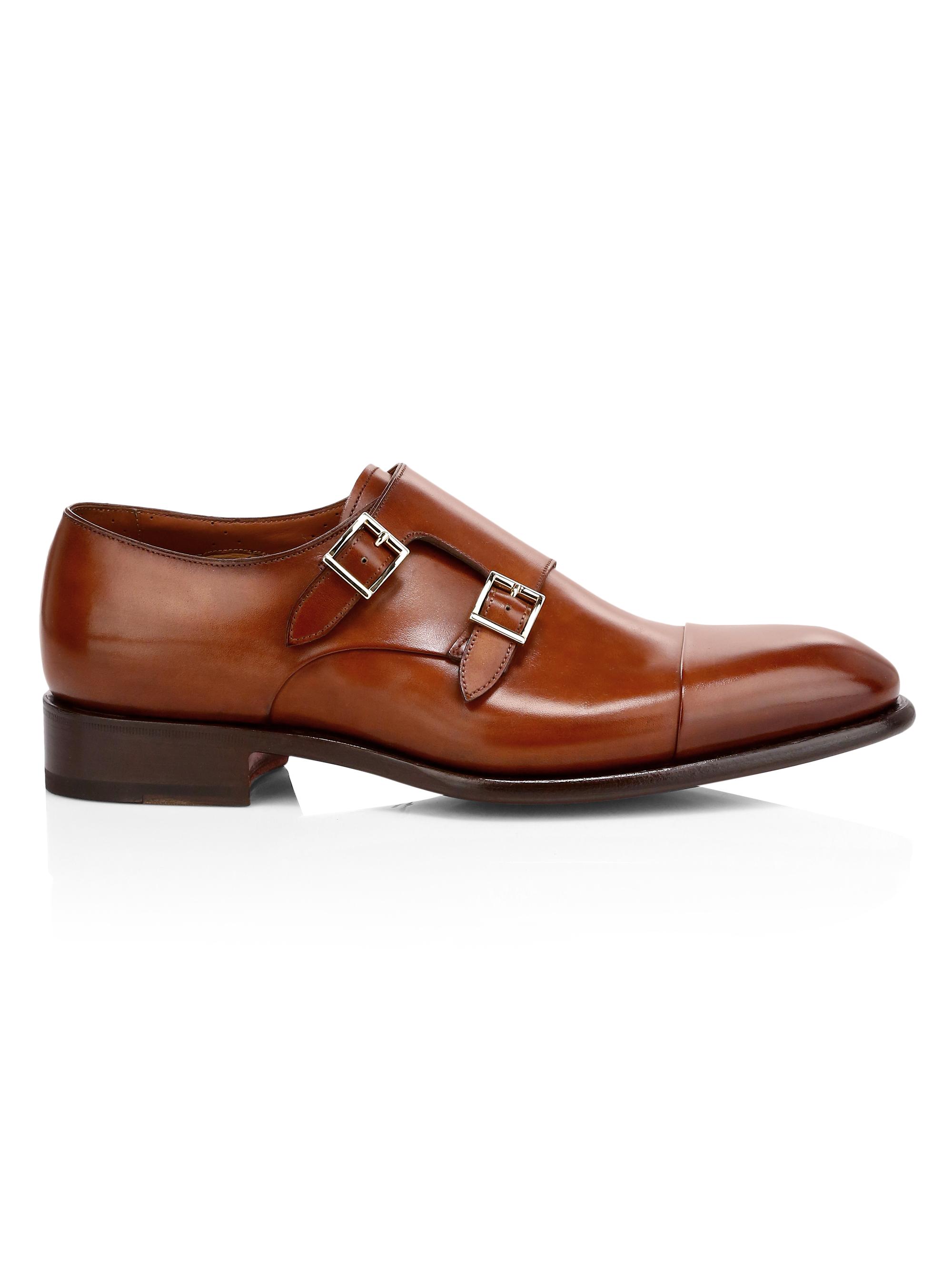Santoni Men's Ira Double Monk Strap Leather Dress Shoes - Cognac