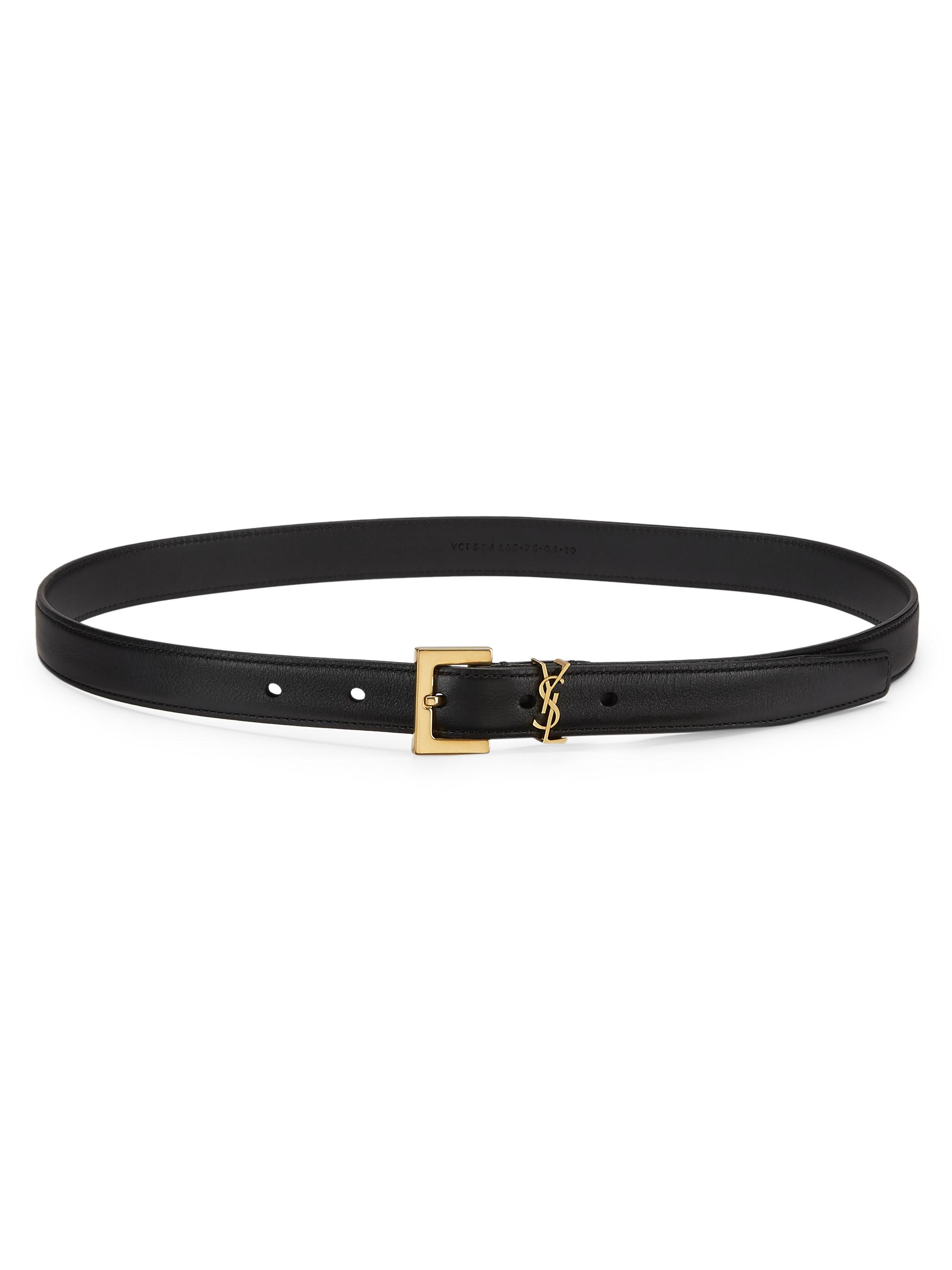 Saint Laurent Men's Skinny Leather Logo Belt - Black