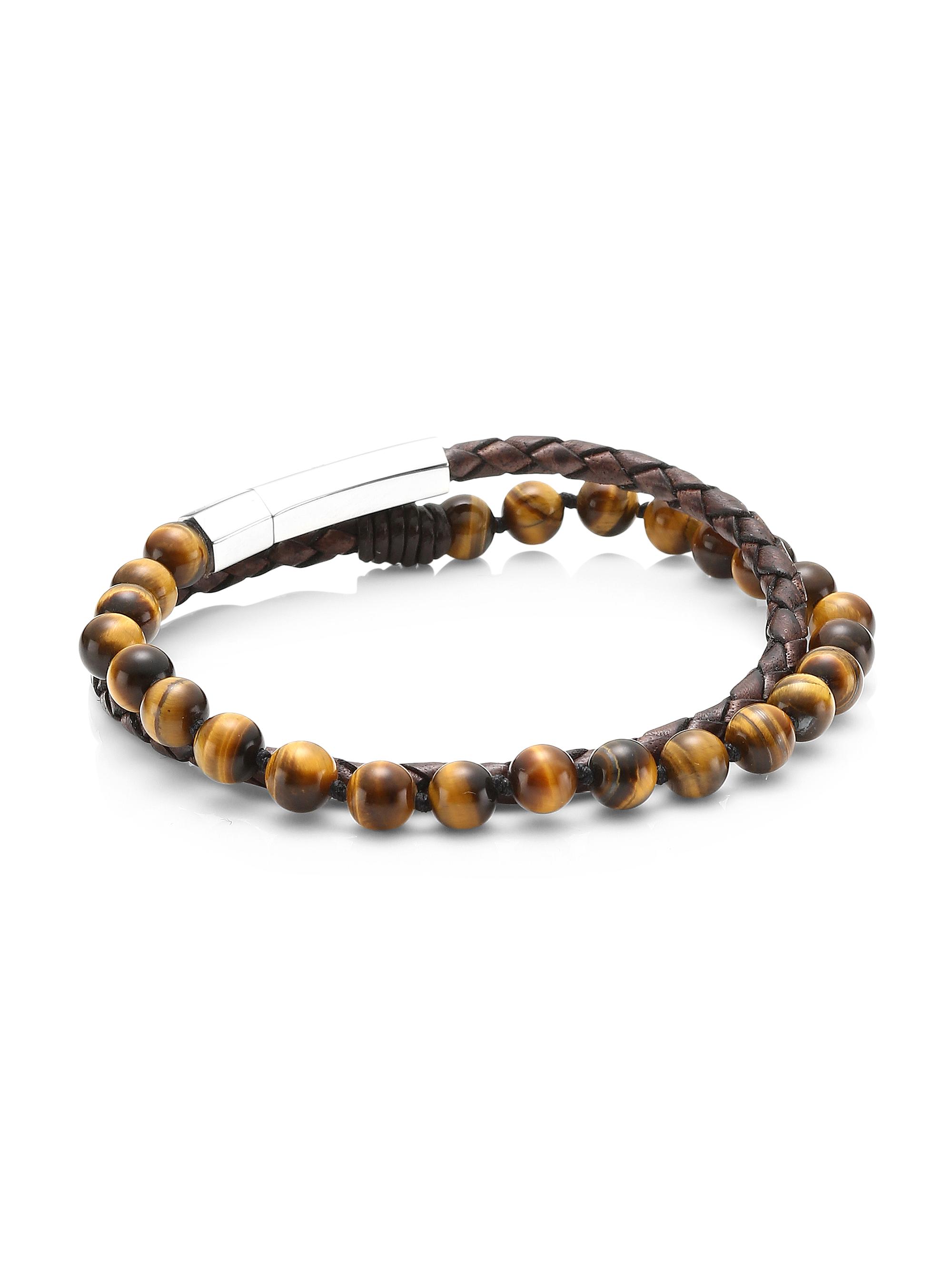 Jonas Studio Men's Dakota Stainless Steel, Leather & Tiger Eye Double-Wrap Bracelet - Tiger Eye
